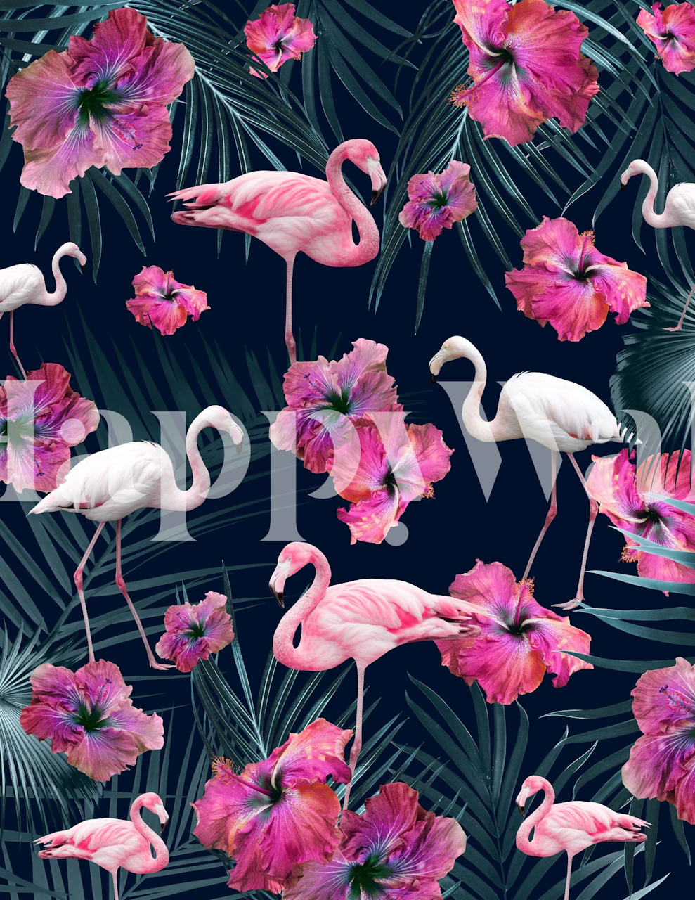 Pink flamingos and hibiscus flowers on a dark jungle background wall mural