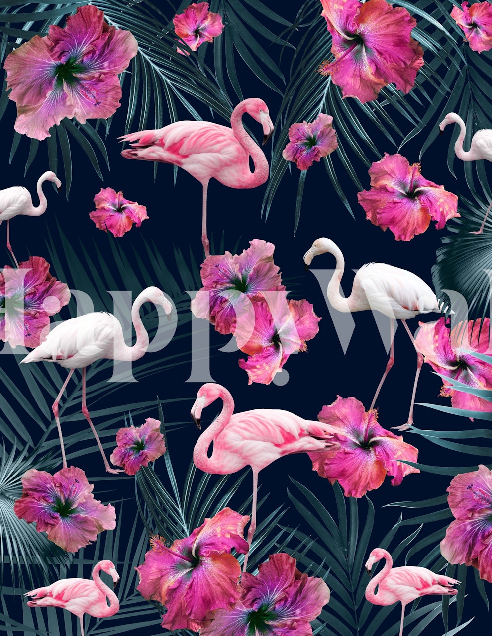 Pink flamingos and hibiscus flowers on a dark jungle background wall mural