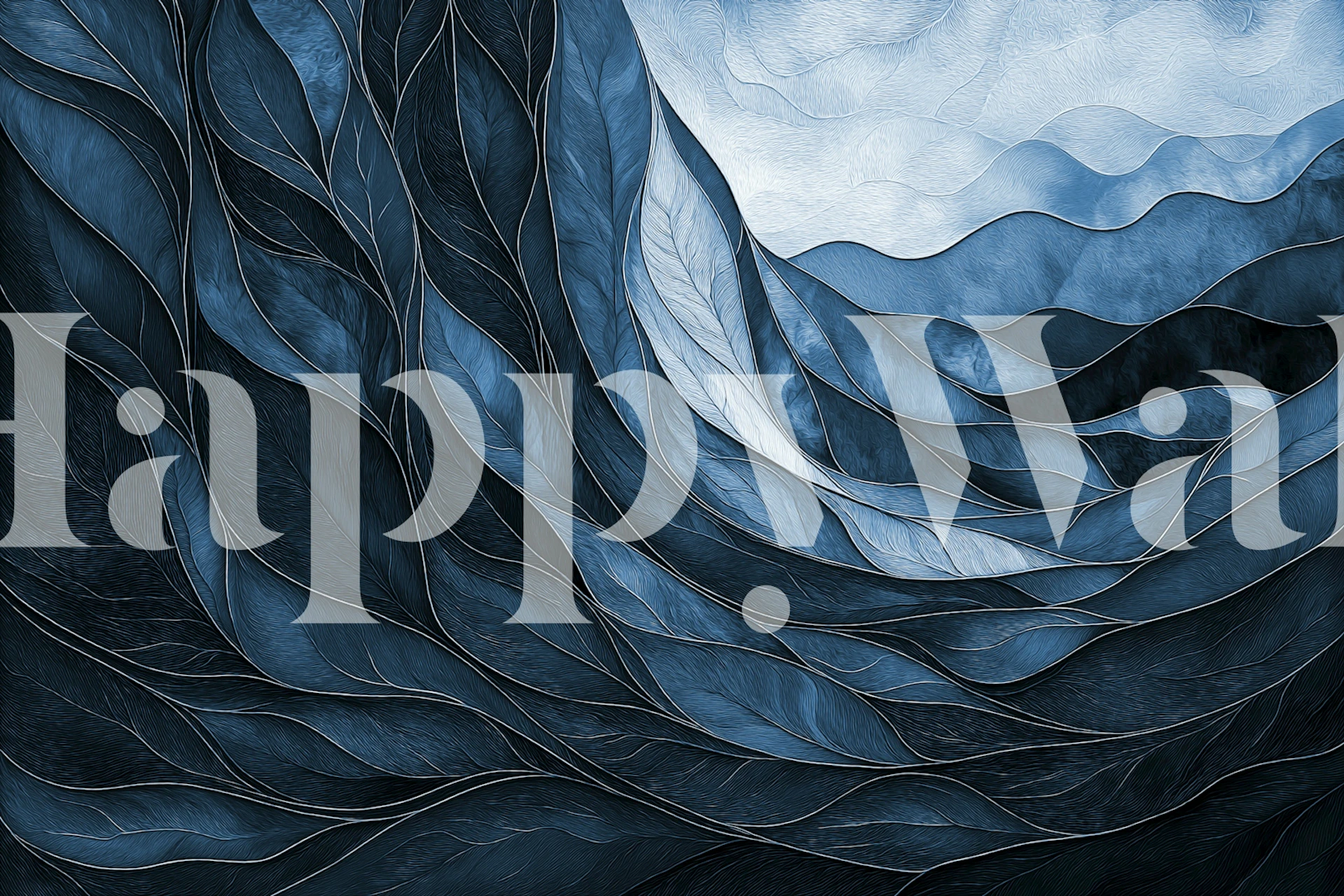 Midnight blue feather wave wallpaper in a room
