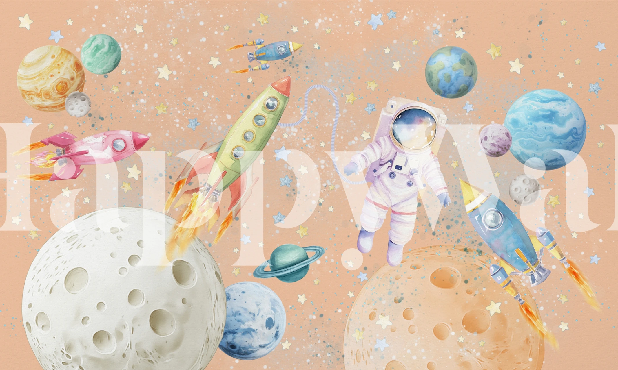 Tapetti, jossa astronautti ja ракetti oranssissa huoneessa