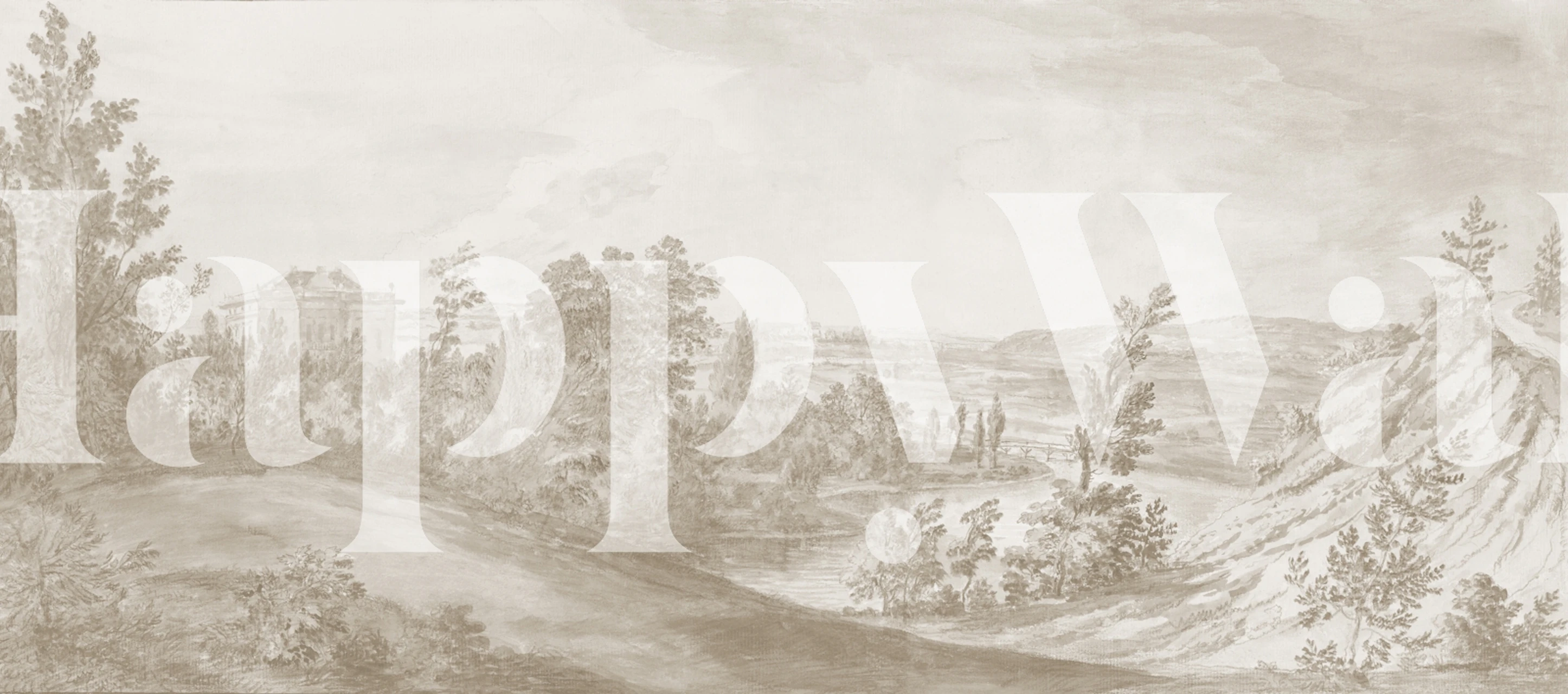 Warm sepia palace park landscape wallpaper in room