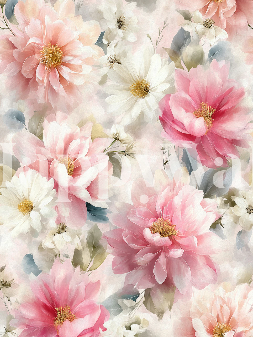 Soft pink peony wallpaper in a styled room