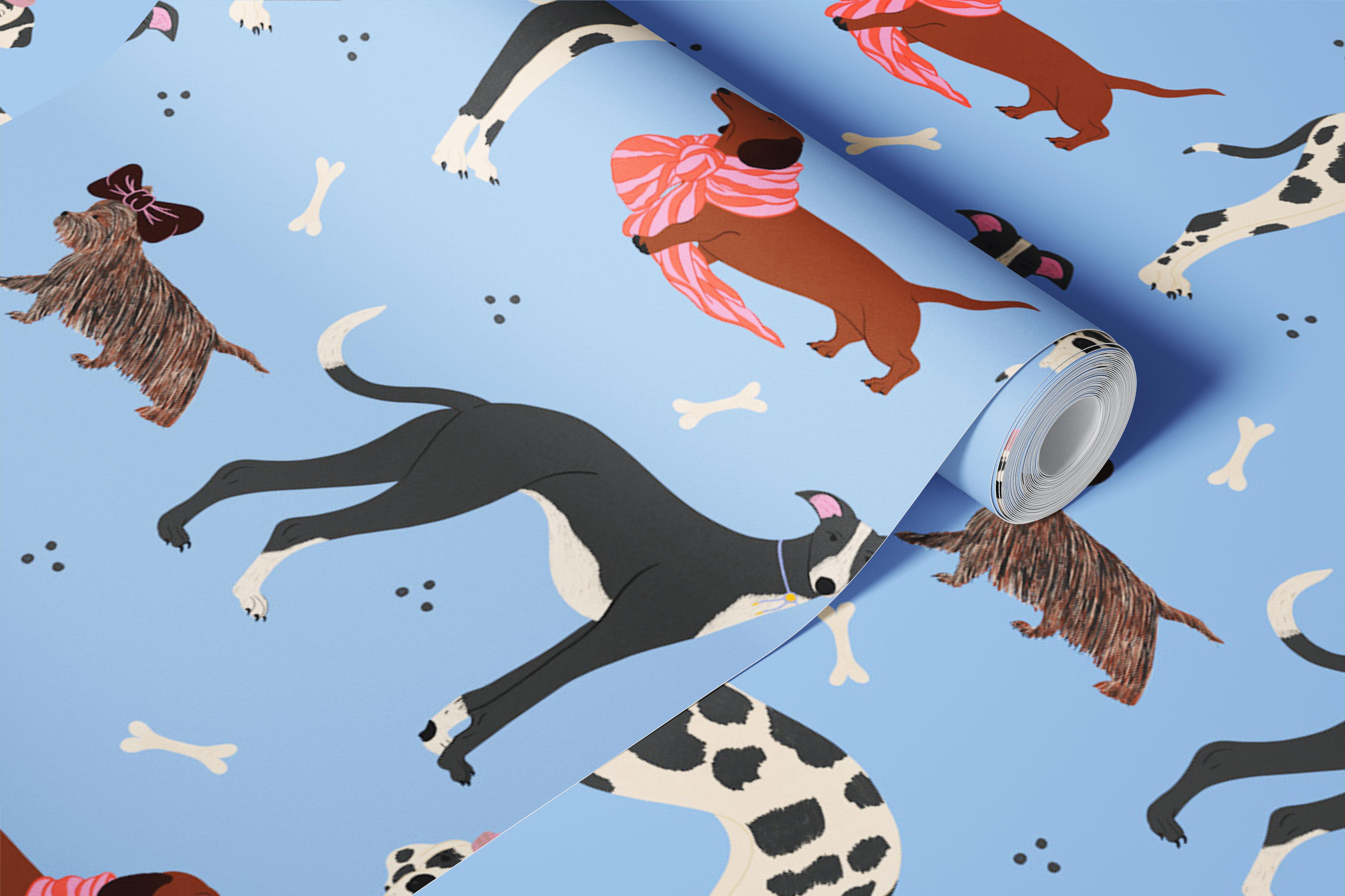 Dog wallpaper in room with blue dog pattern