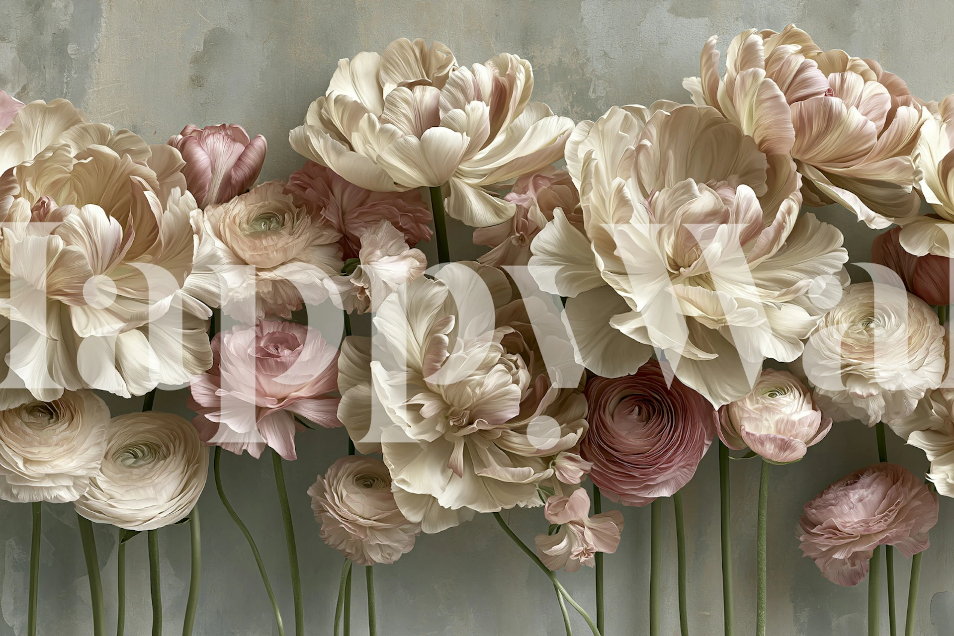Cream peony wallpaper in a gray room
