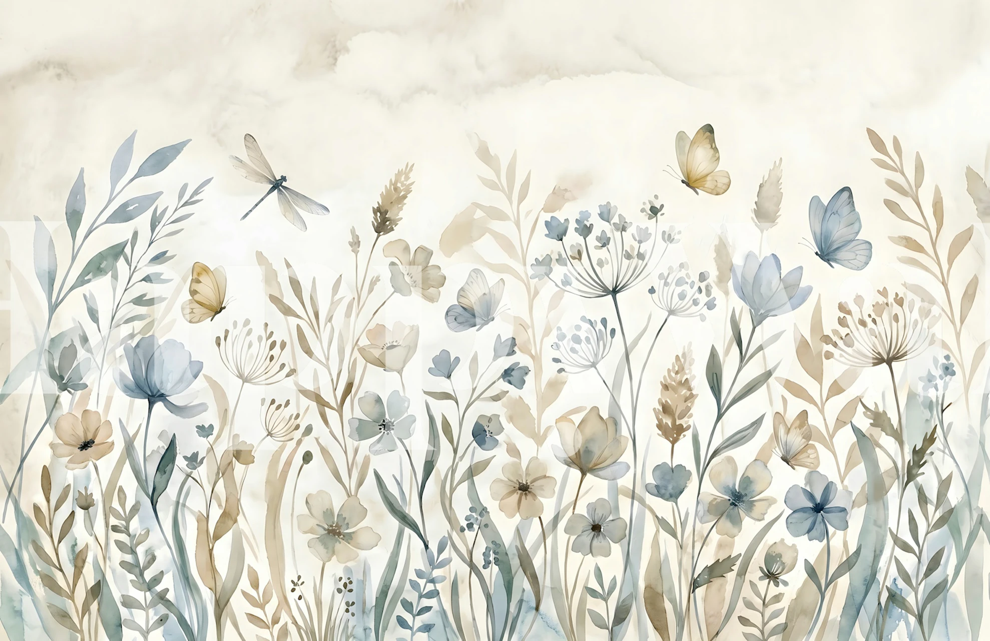 Soft blue beige botanical wallpaper in a room