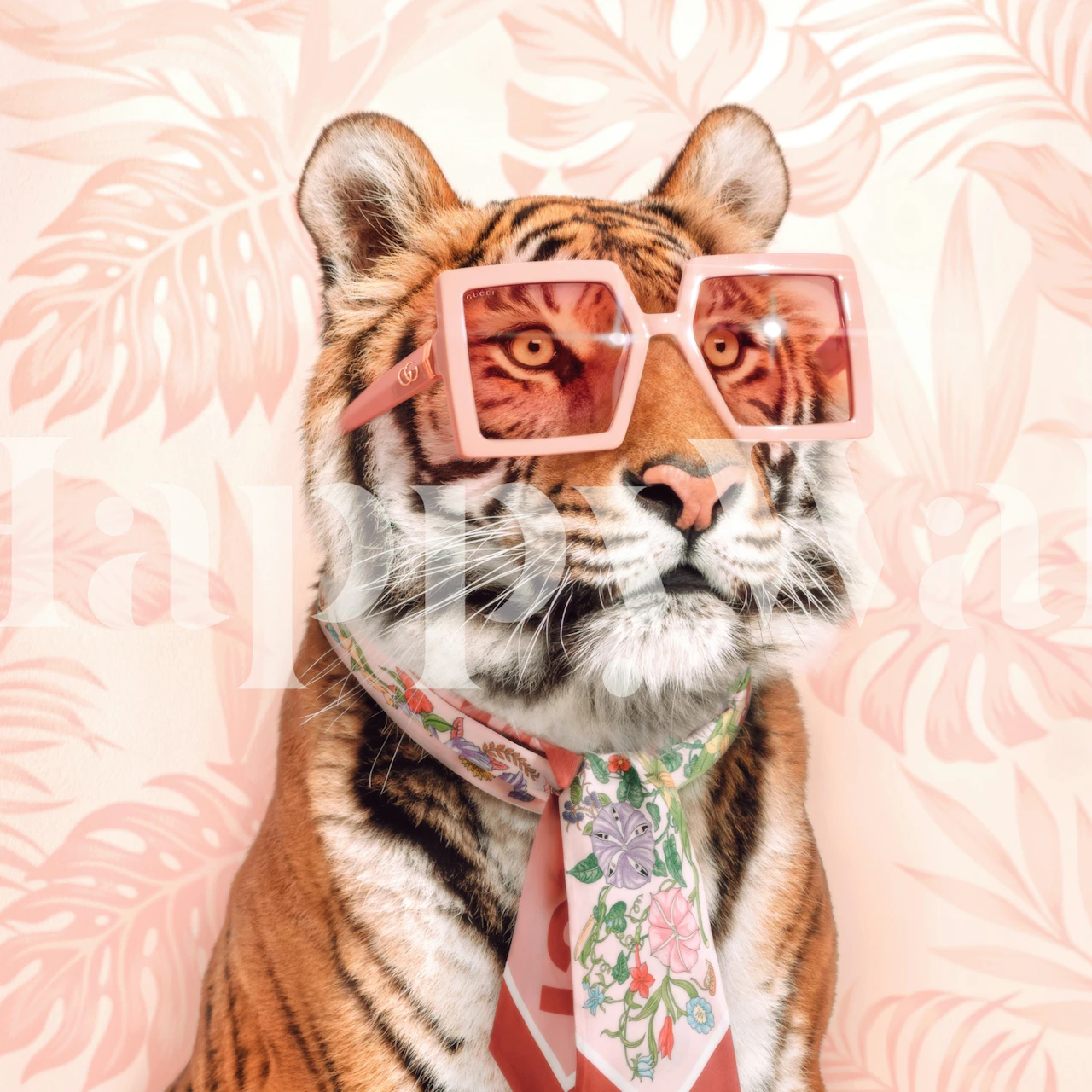 Tiger wallpaper in room with pink leaf background