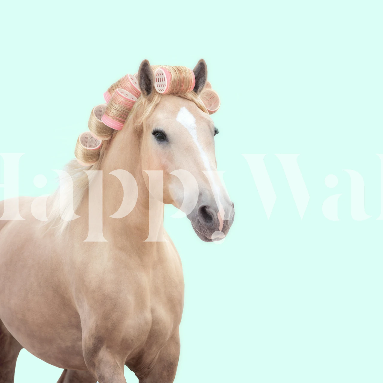 Palomino horse wallpaper in room with pink rollers