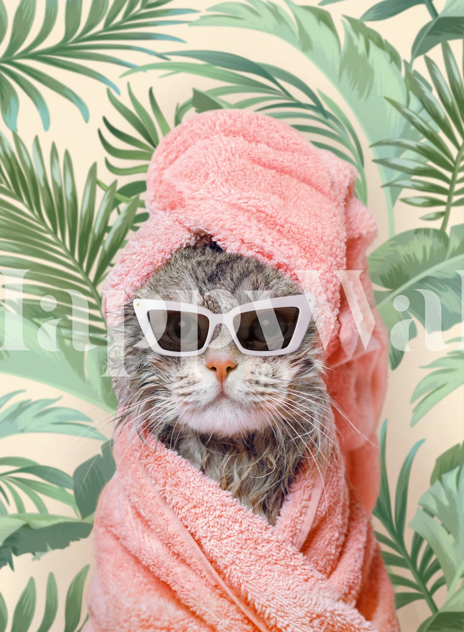 Cat wallpaper in room with pink towel and palm leaves