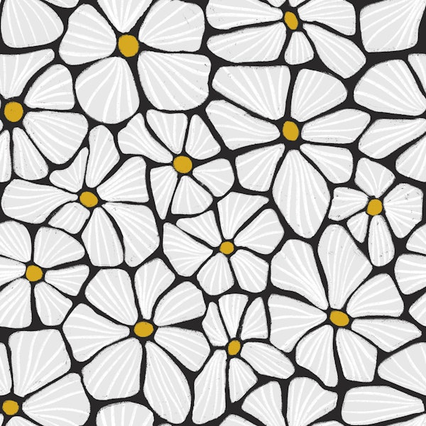 Retro Mosaic Flowers Black White Mod