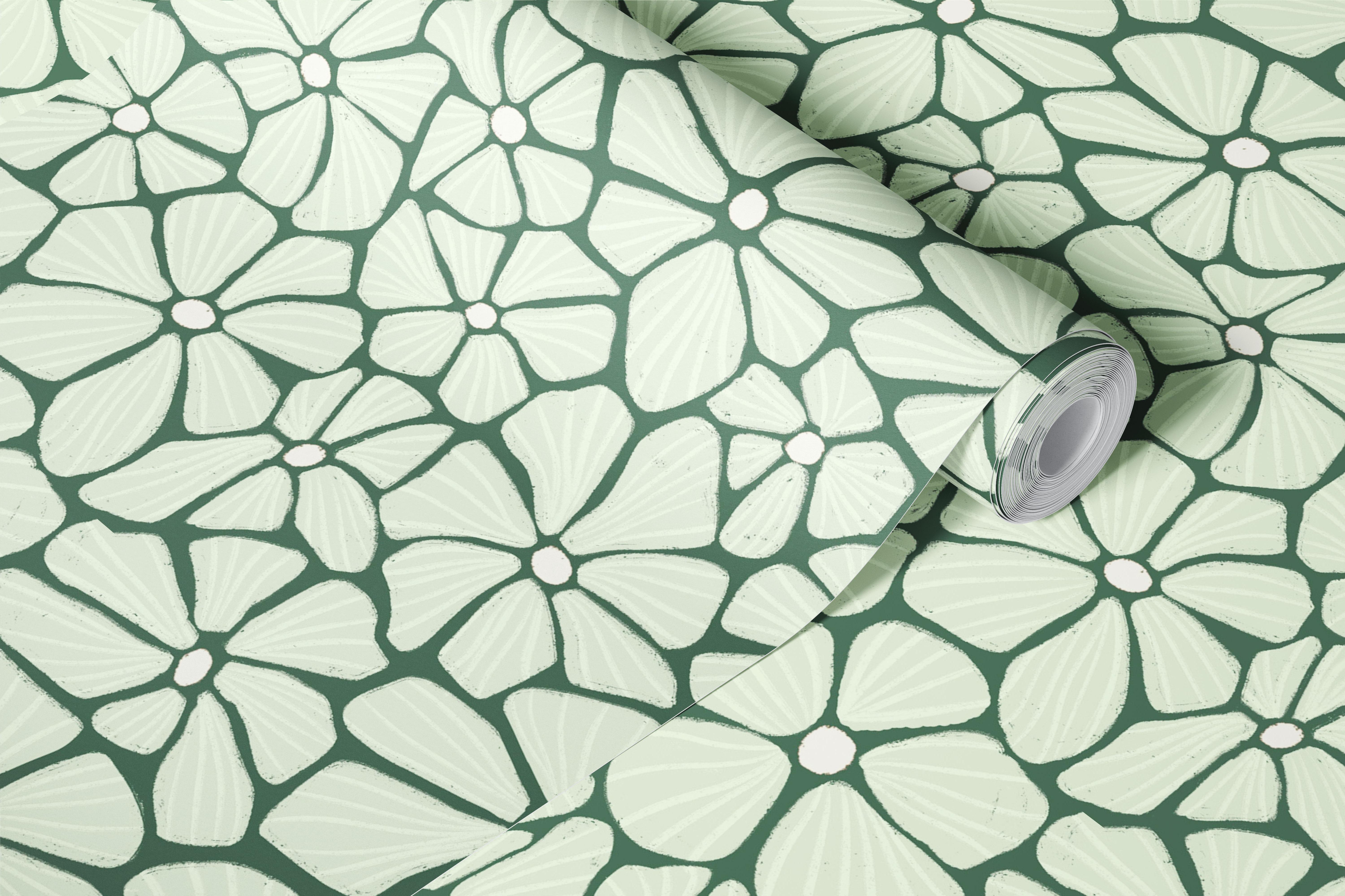 Retro sage flower wallpaper in a styled room