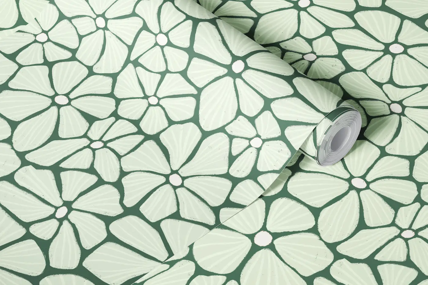Retro Mosaic Flowers Muted Sage wallpaper roll