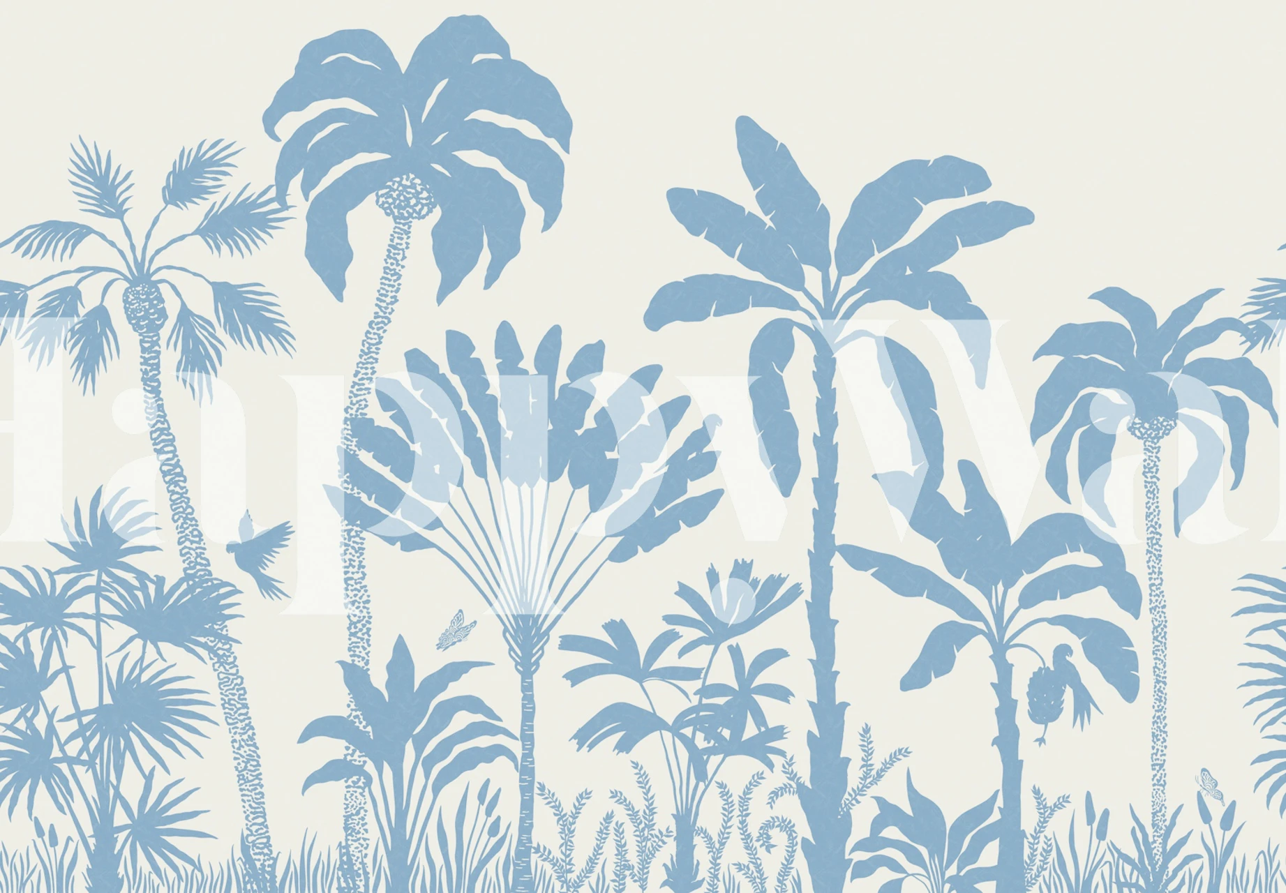 Coastal blue palm tree wallpaper in a room