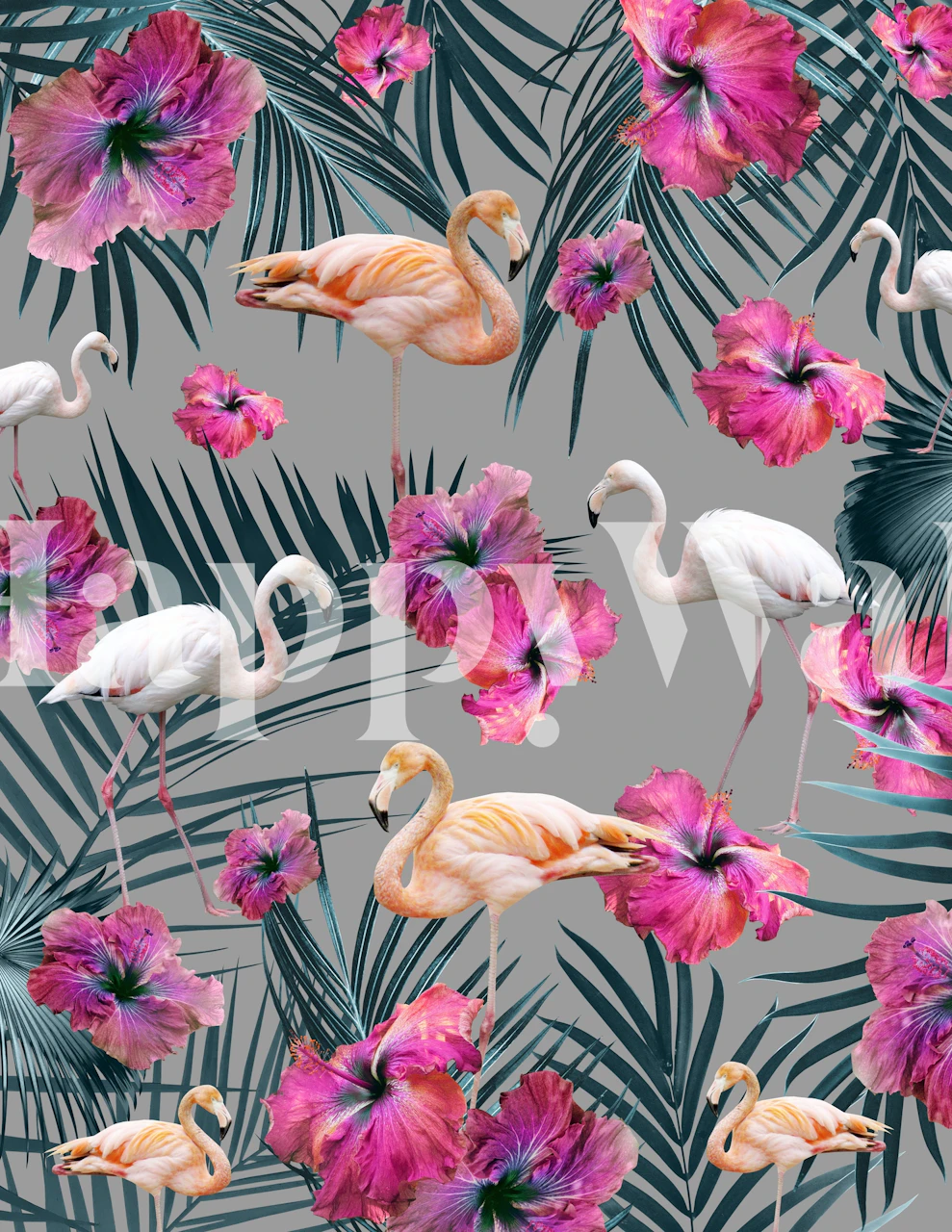 Flamingos und tropische Blumen auf einem gedämpften grauen Hintergrund Fototapete