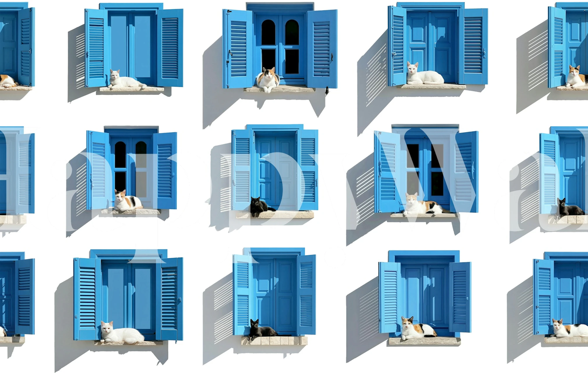 Blue shutter cat wallpaper in a bright room