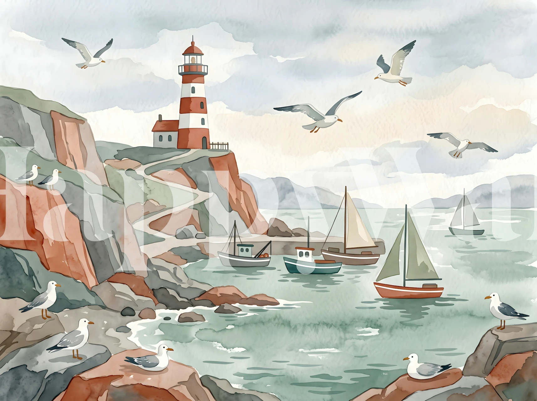 Coastal lighthouse harbor wallpaper in a room