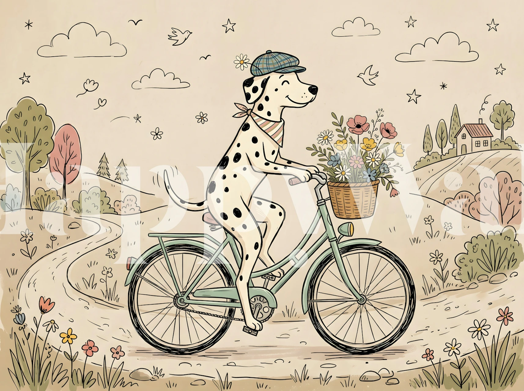 Dalmatian on bicycle wallpaper in a pastel room