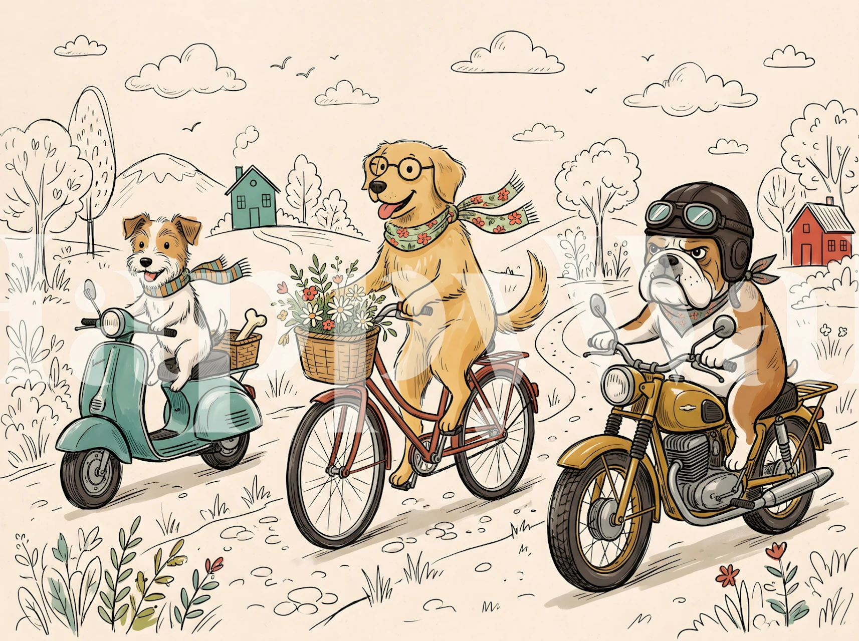 Dogs on vintage bikes wallpaper in a room