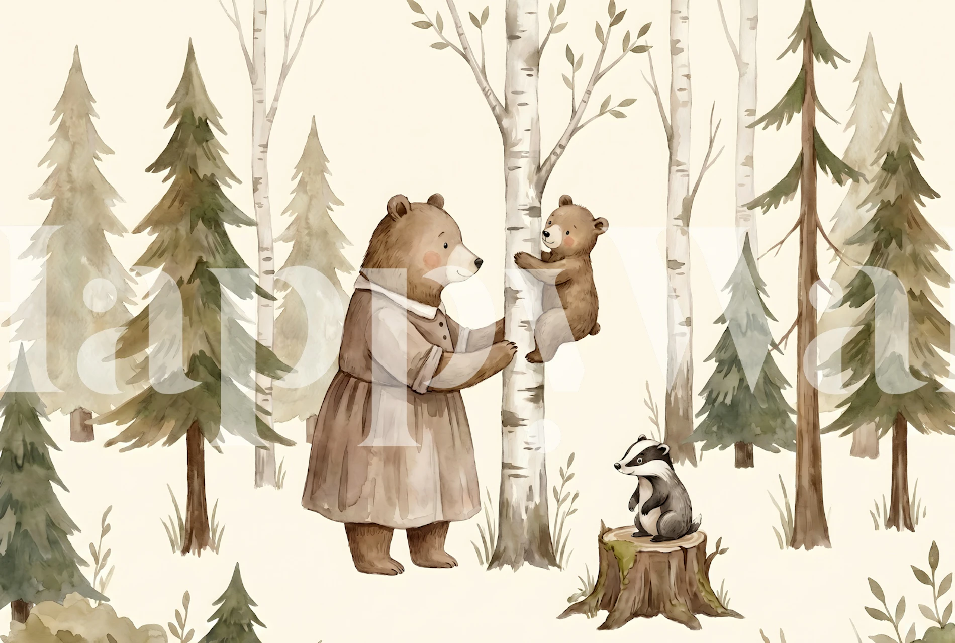 Bear forest wallpaper in a nursery room