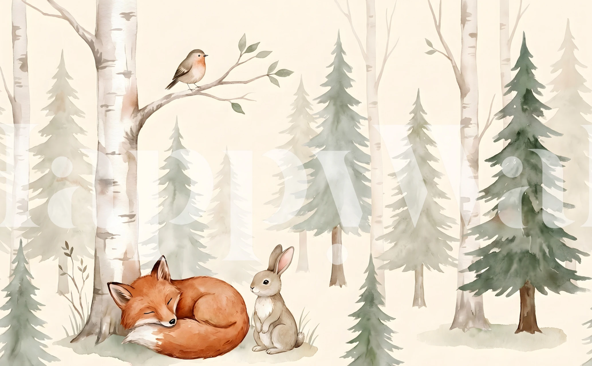 Sleeping fox wallpaper in a woodland room