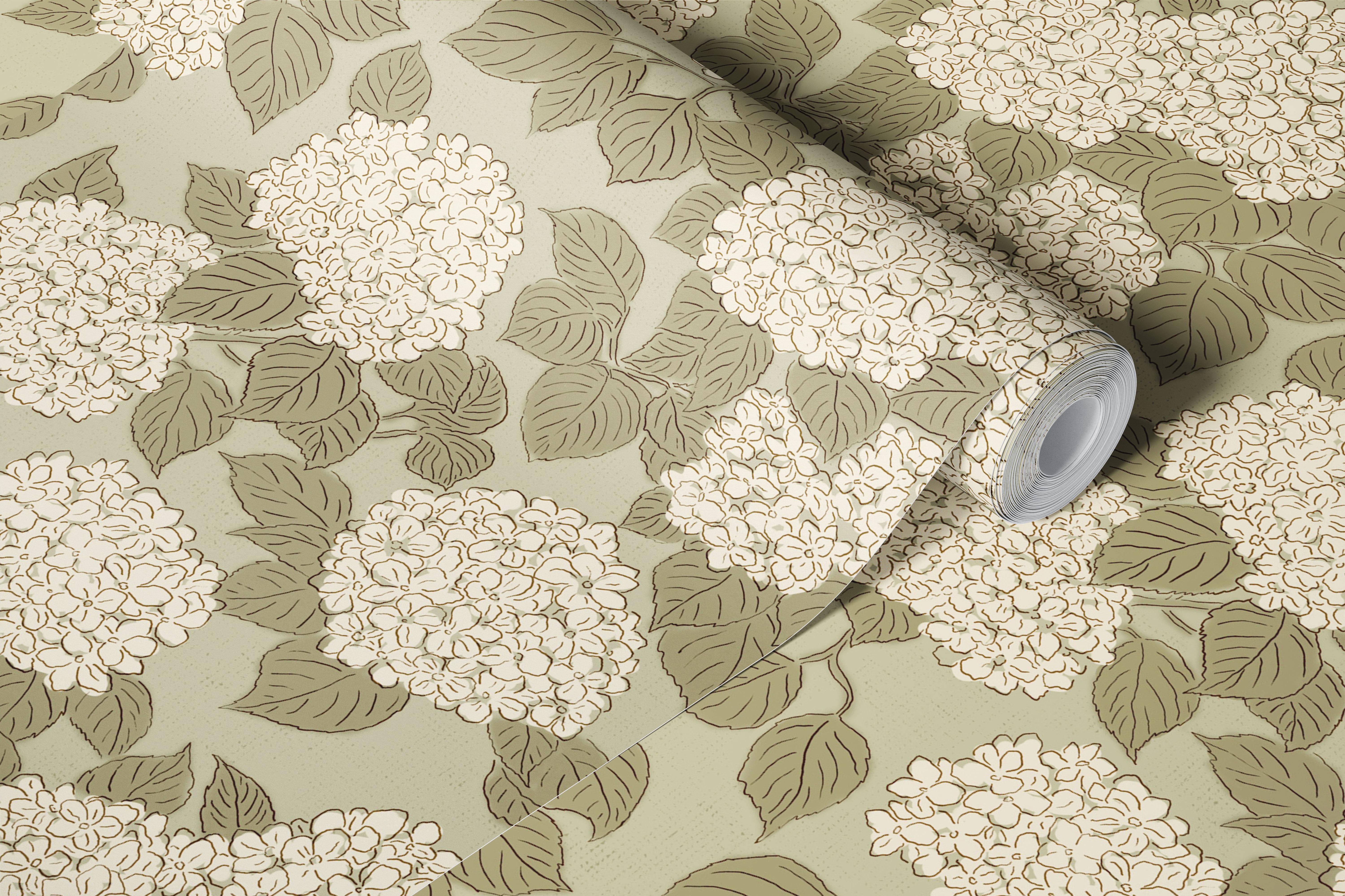 Papel de parede Sage Green hortênsia num quarto