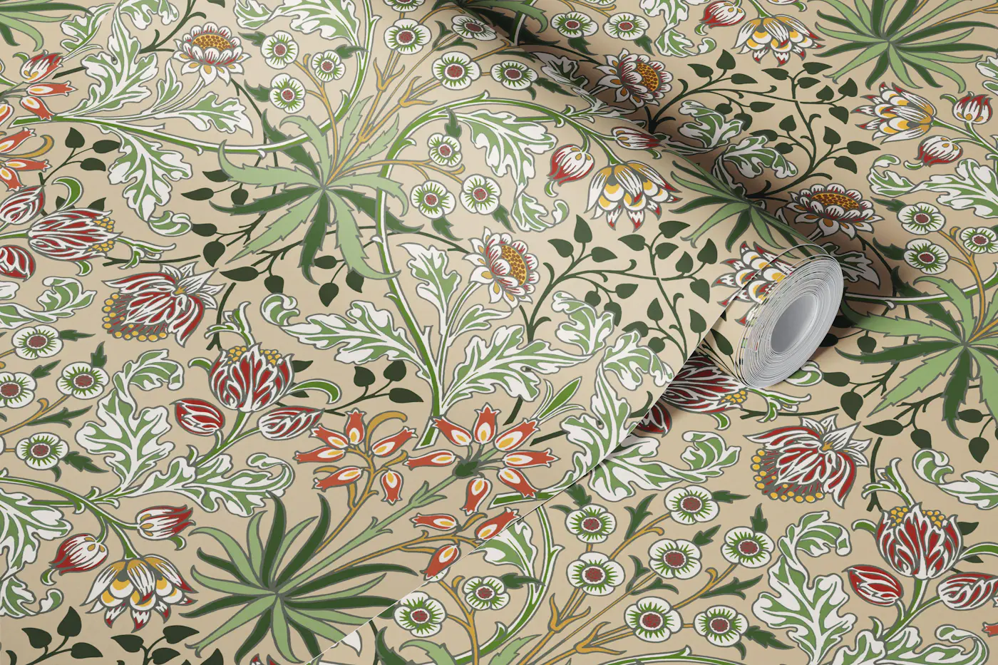 Hyacinth in Tomatillo - Arts & Crafts wallpaper roll