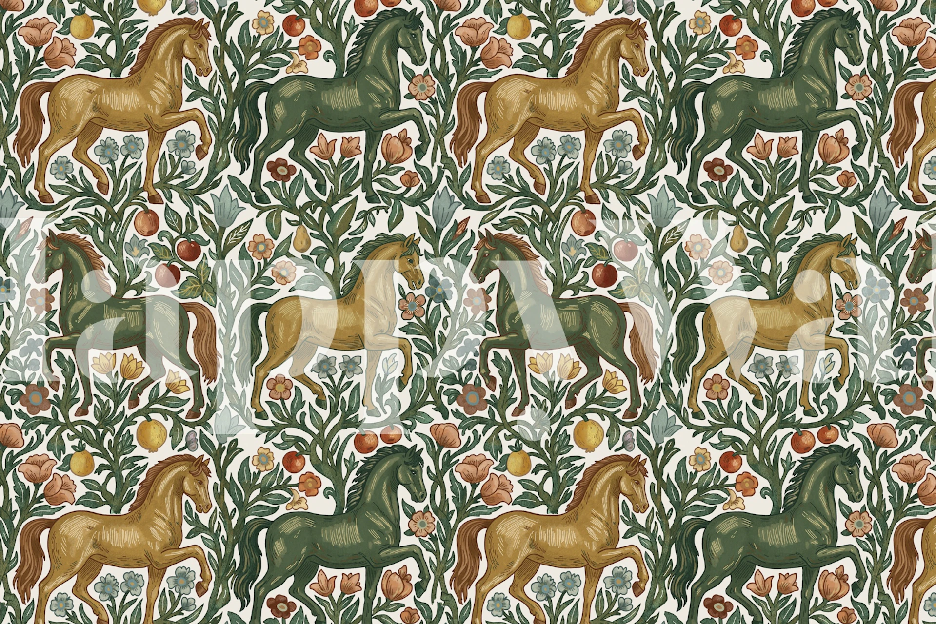 Rustic horse floral wallpaper in a room