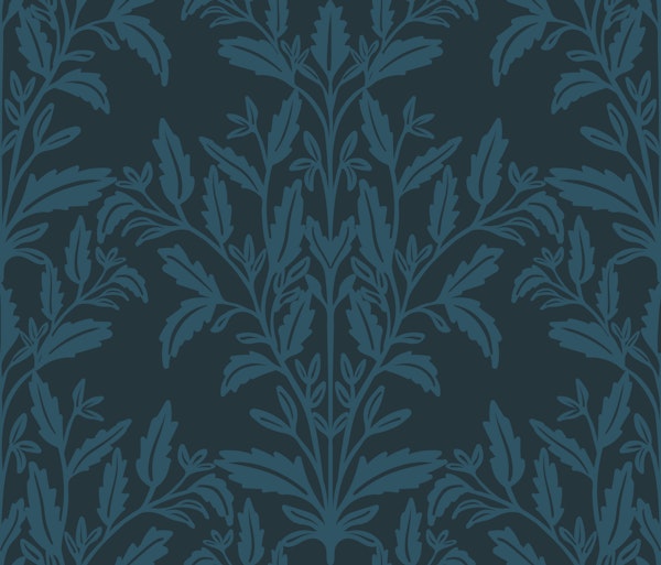 Midnight Blue Damask Leaves