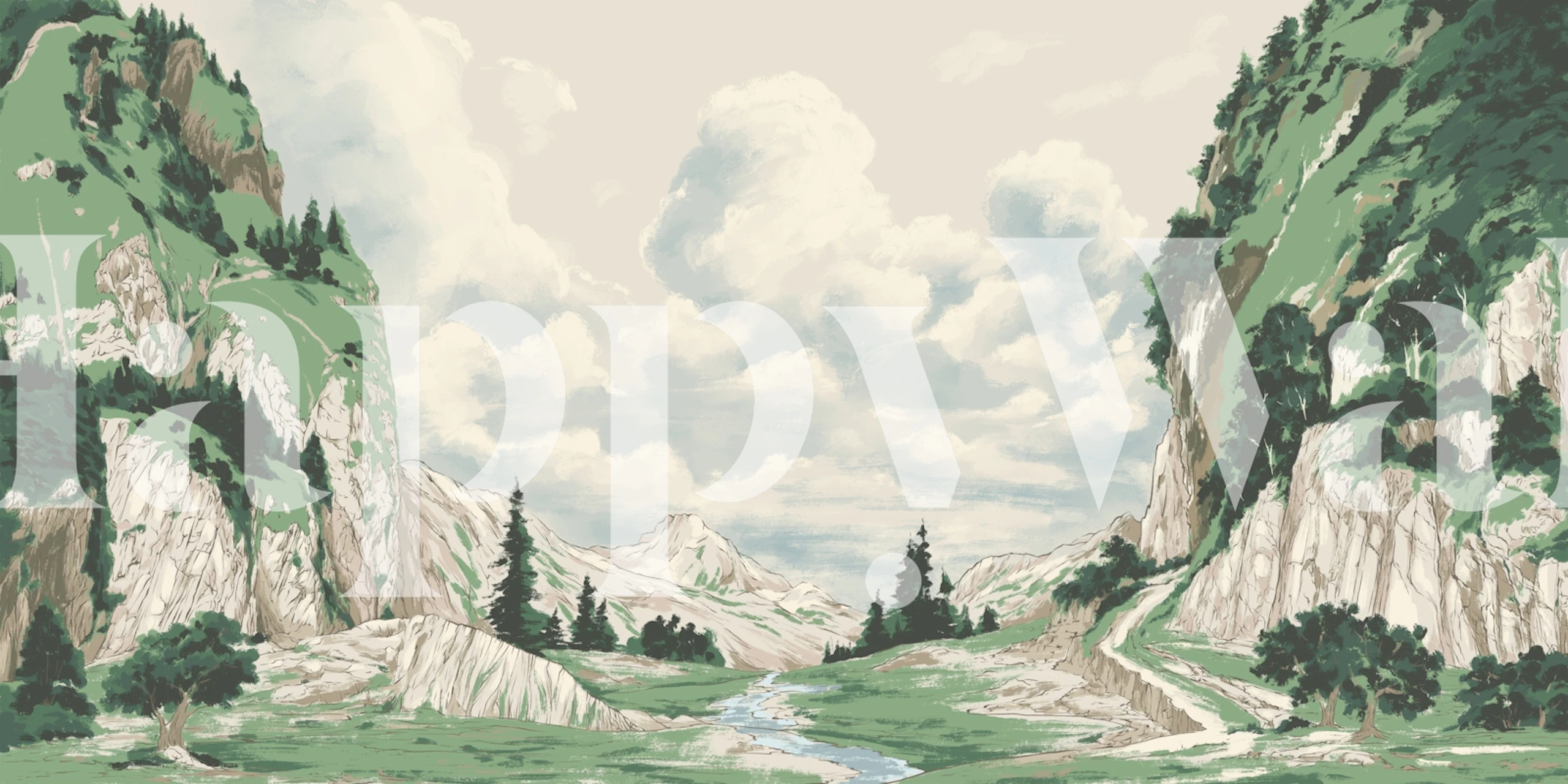 Mountain valley wallpaper in a styled room