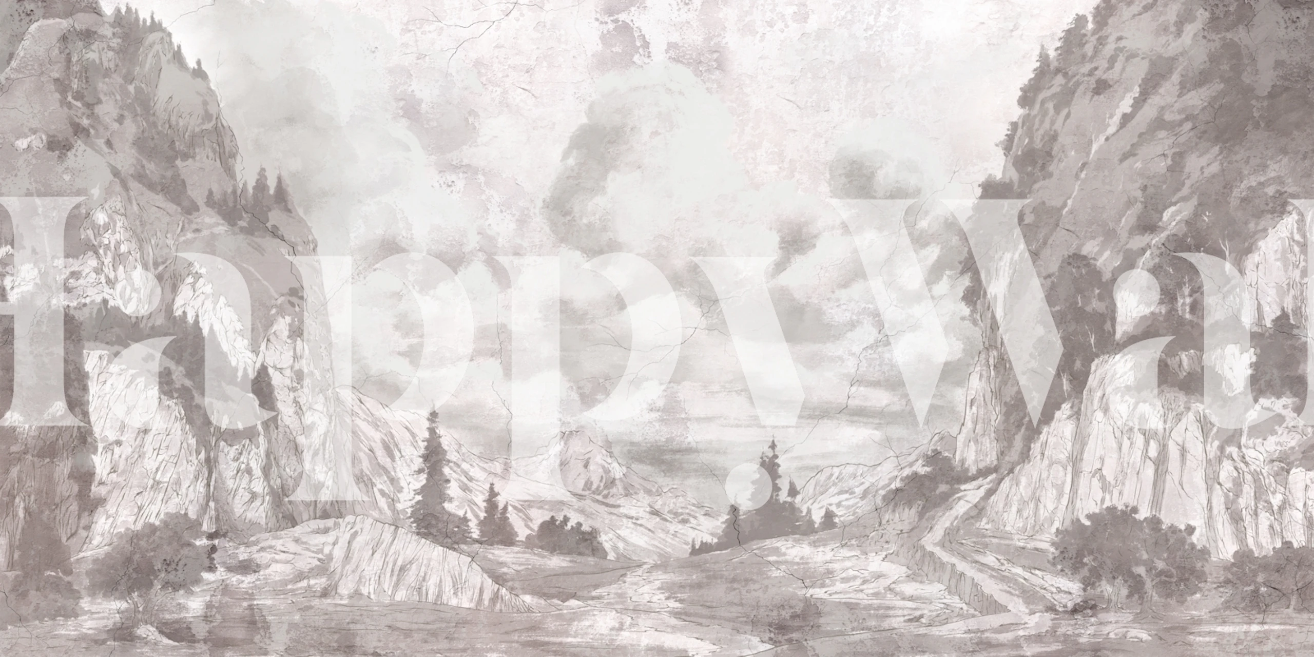 Misty mountain landscape wallpaper in a room