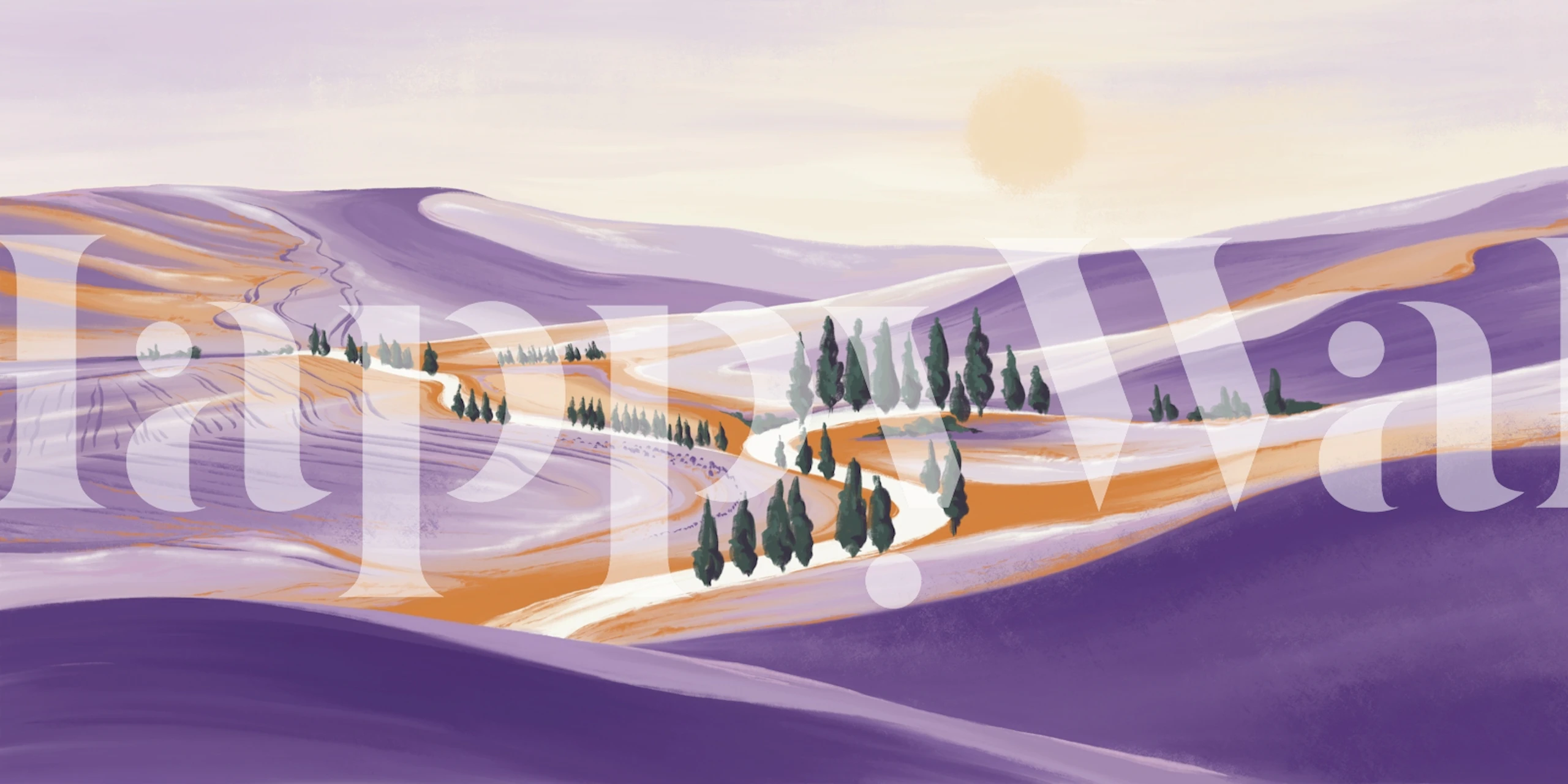 Purple hills wallpaper in a room with cypress trees