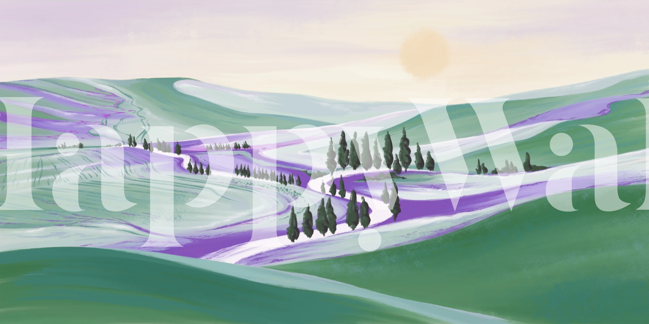 Lavender field wallpaper in a styled room