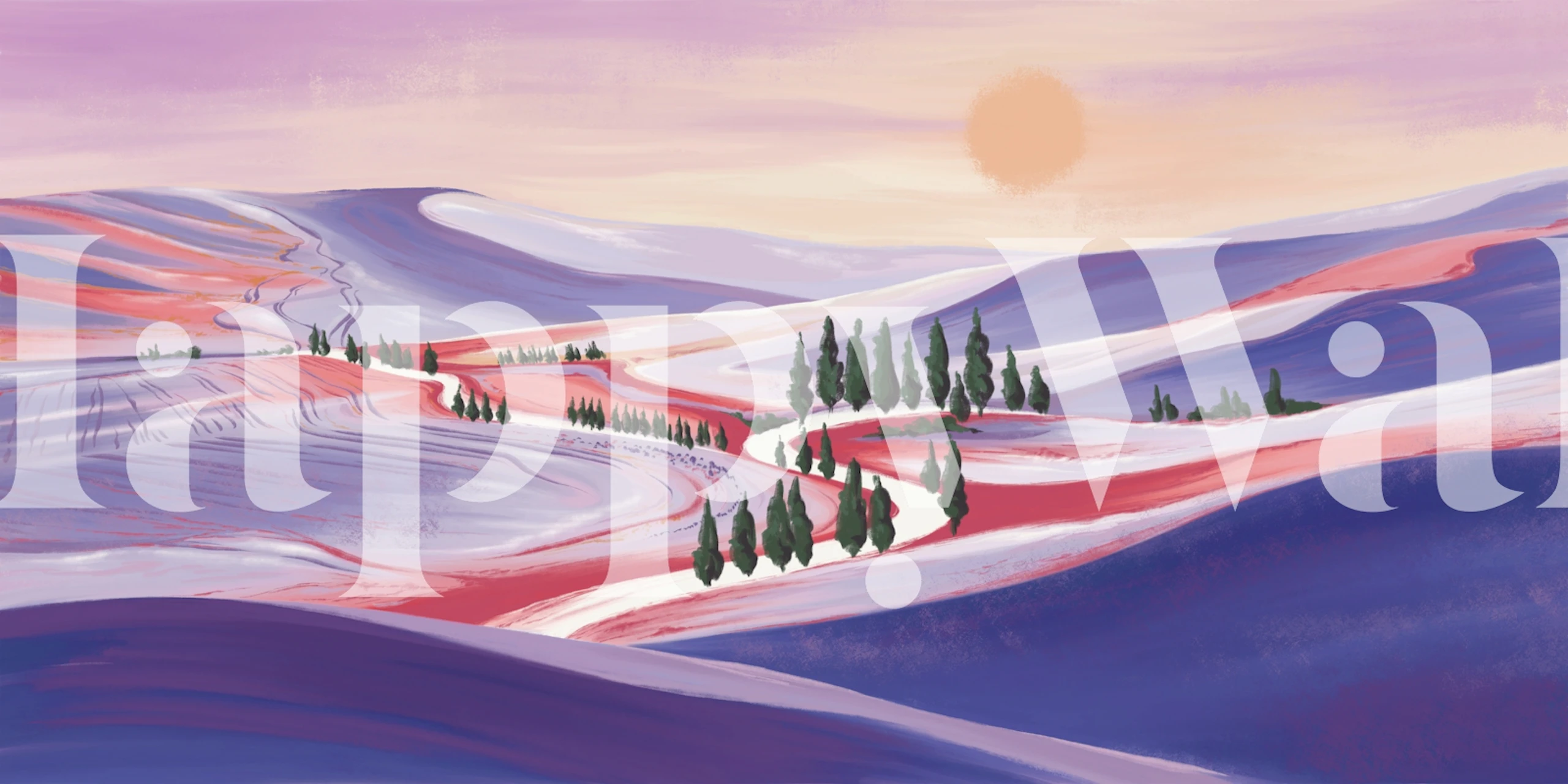 Purple and pink landscape wallpaper in a room