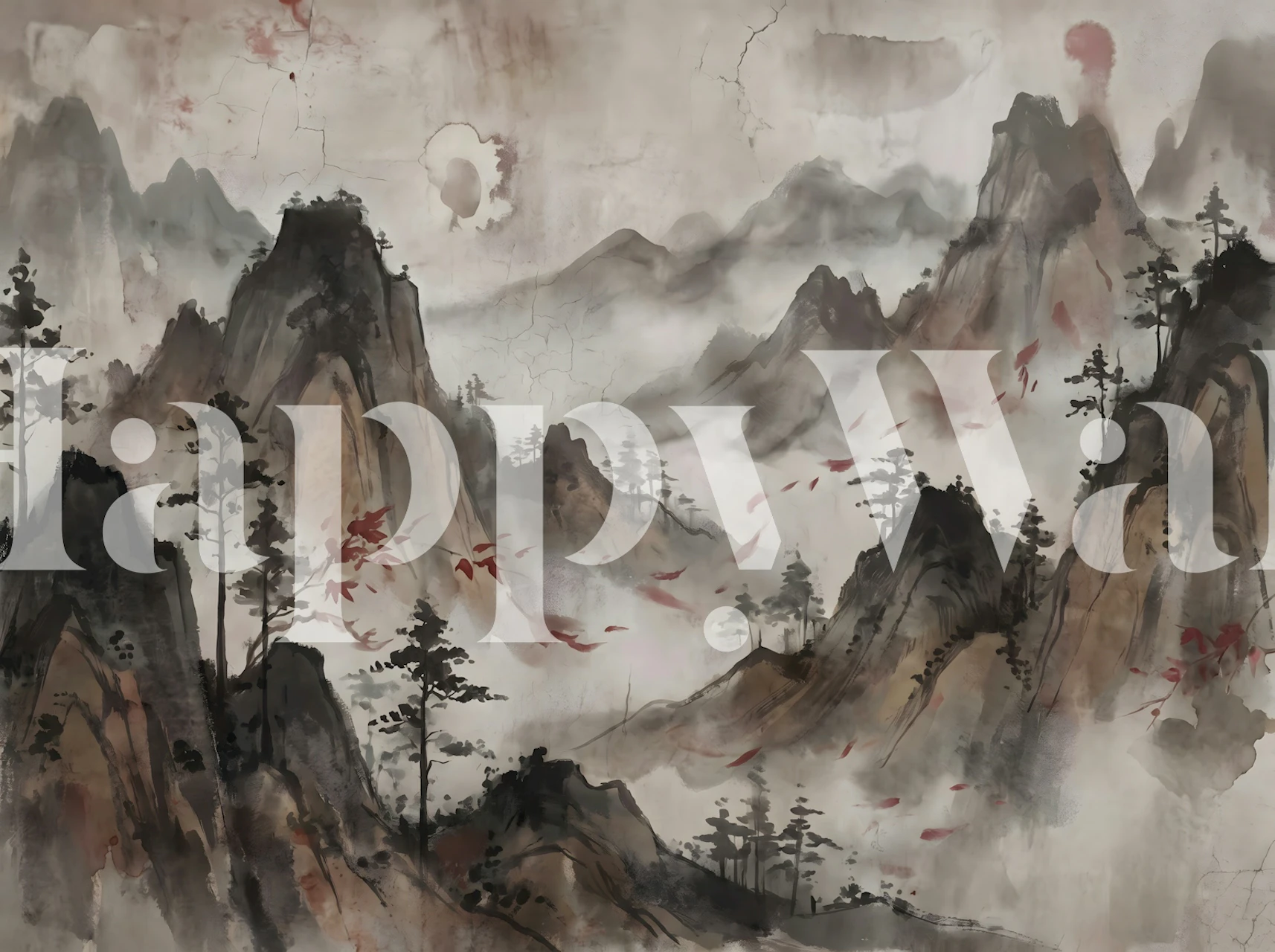 Ink wash mountain wallpaper in a modern room