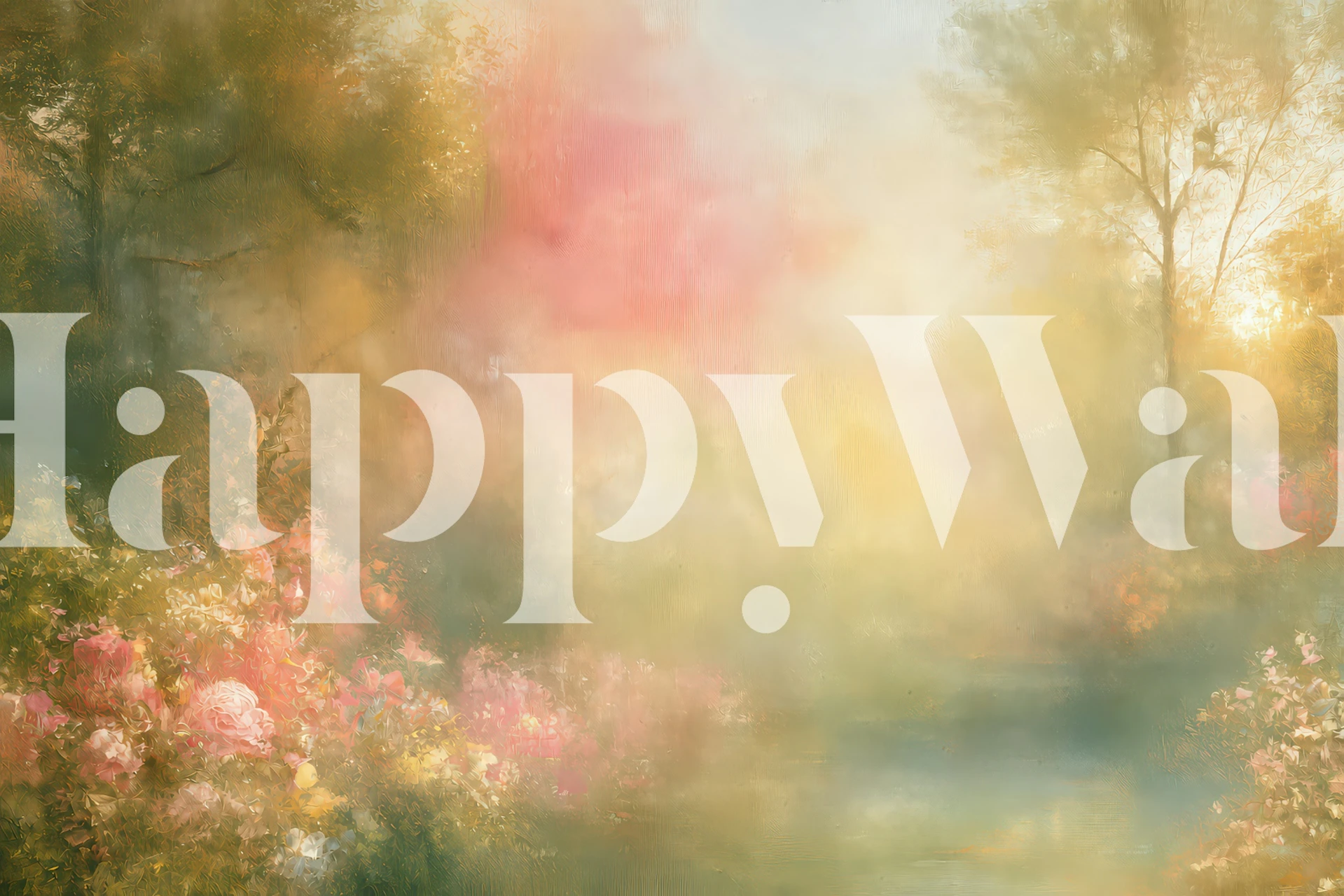 Dreamy garden wallpaper in a softly lit room