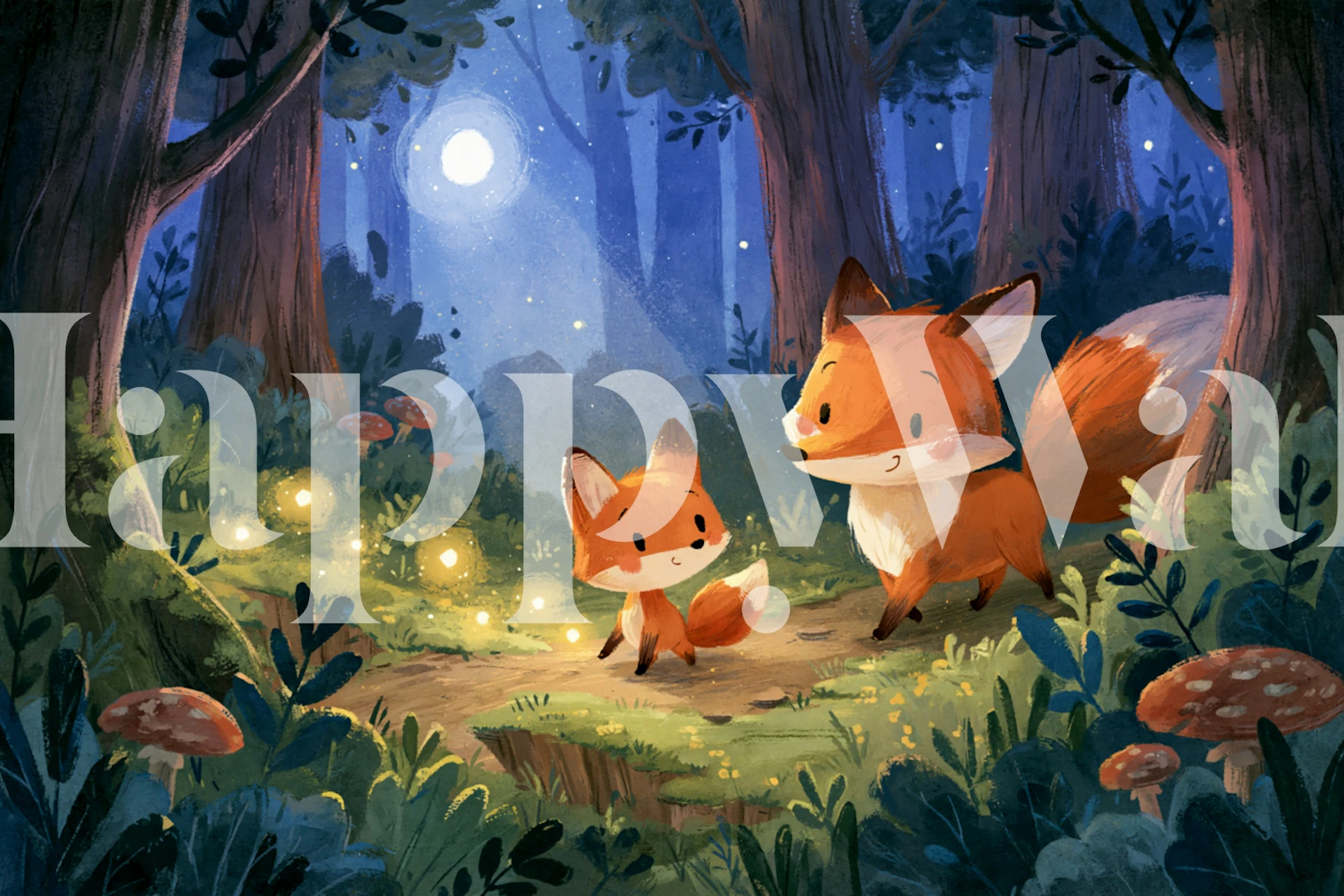 Whimsical Foxes Under Moon tapete