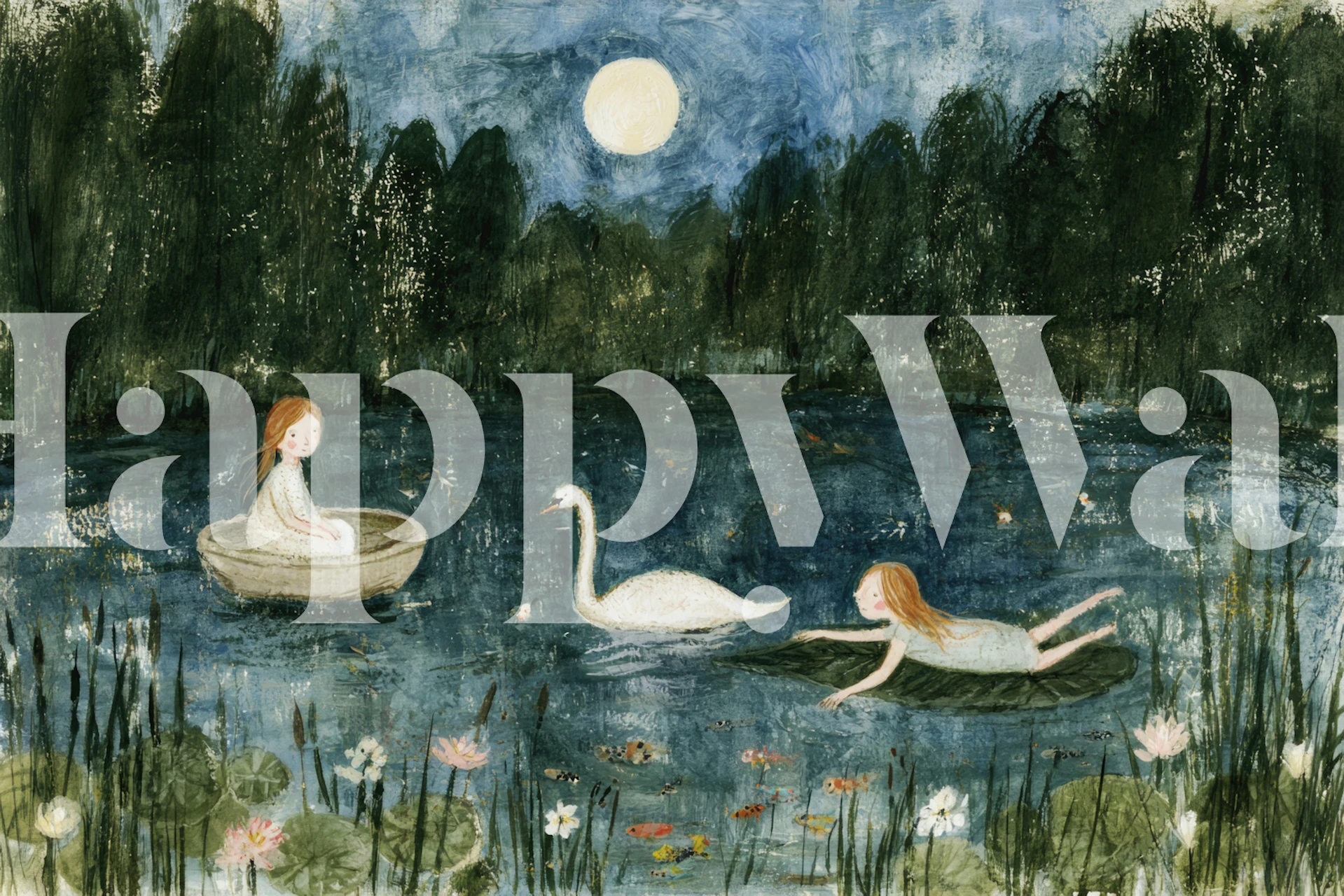Fairy tale pond wallpaper in a moonlit room