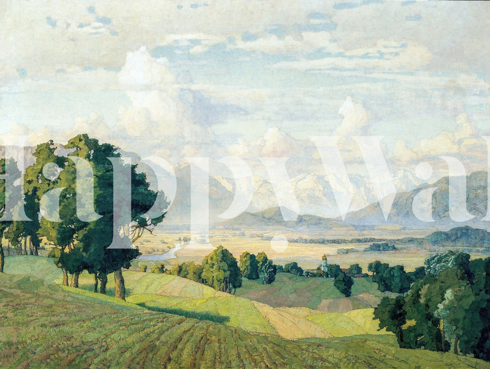 Meadow and mountain wallpaper in a bright room