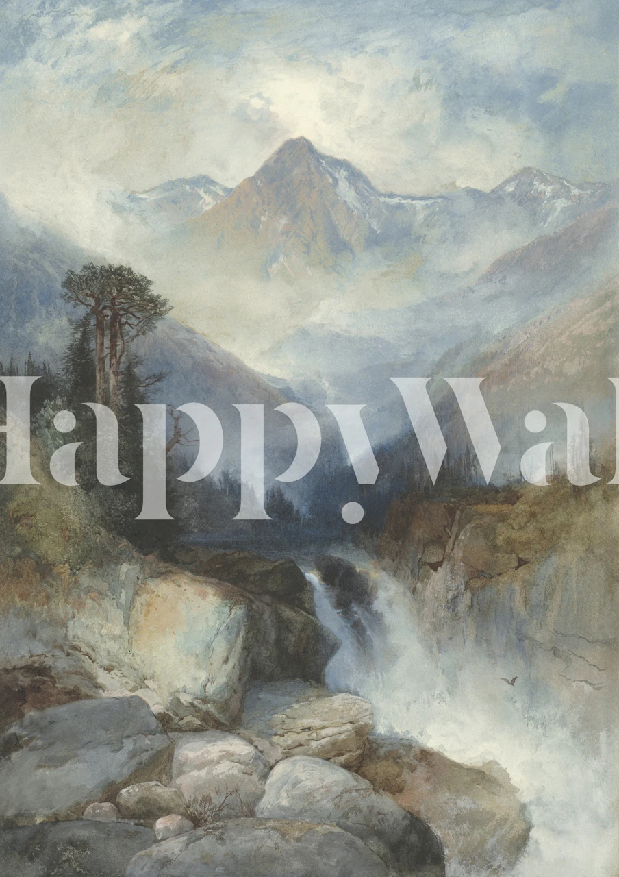 Misty alpine waterfall wallpaper in a room