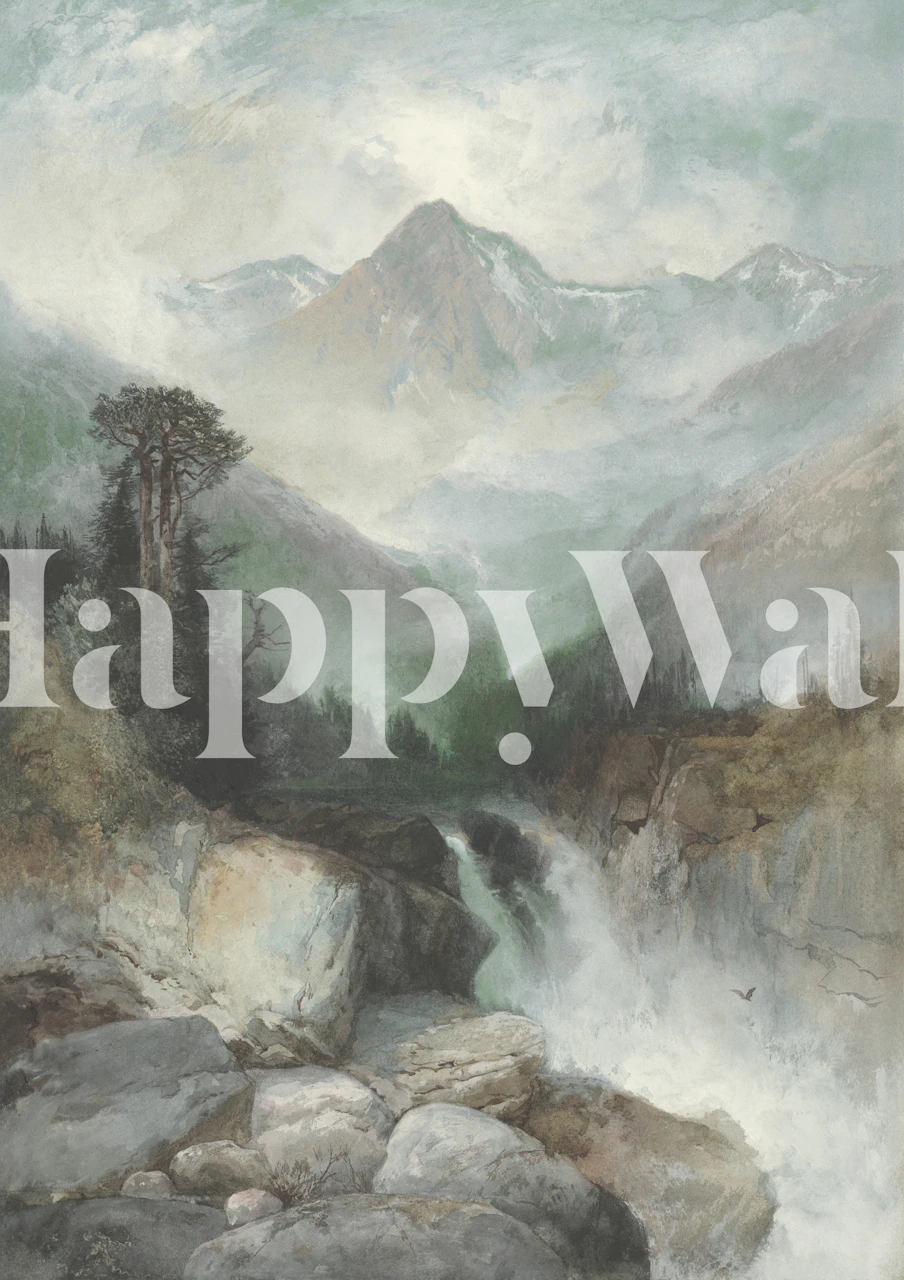 Misty mountain waterfall wallpaper in a room