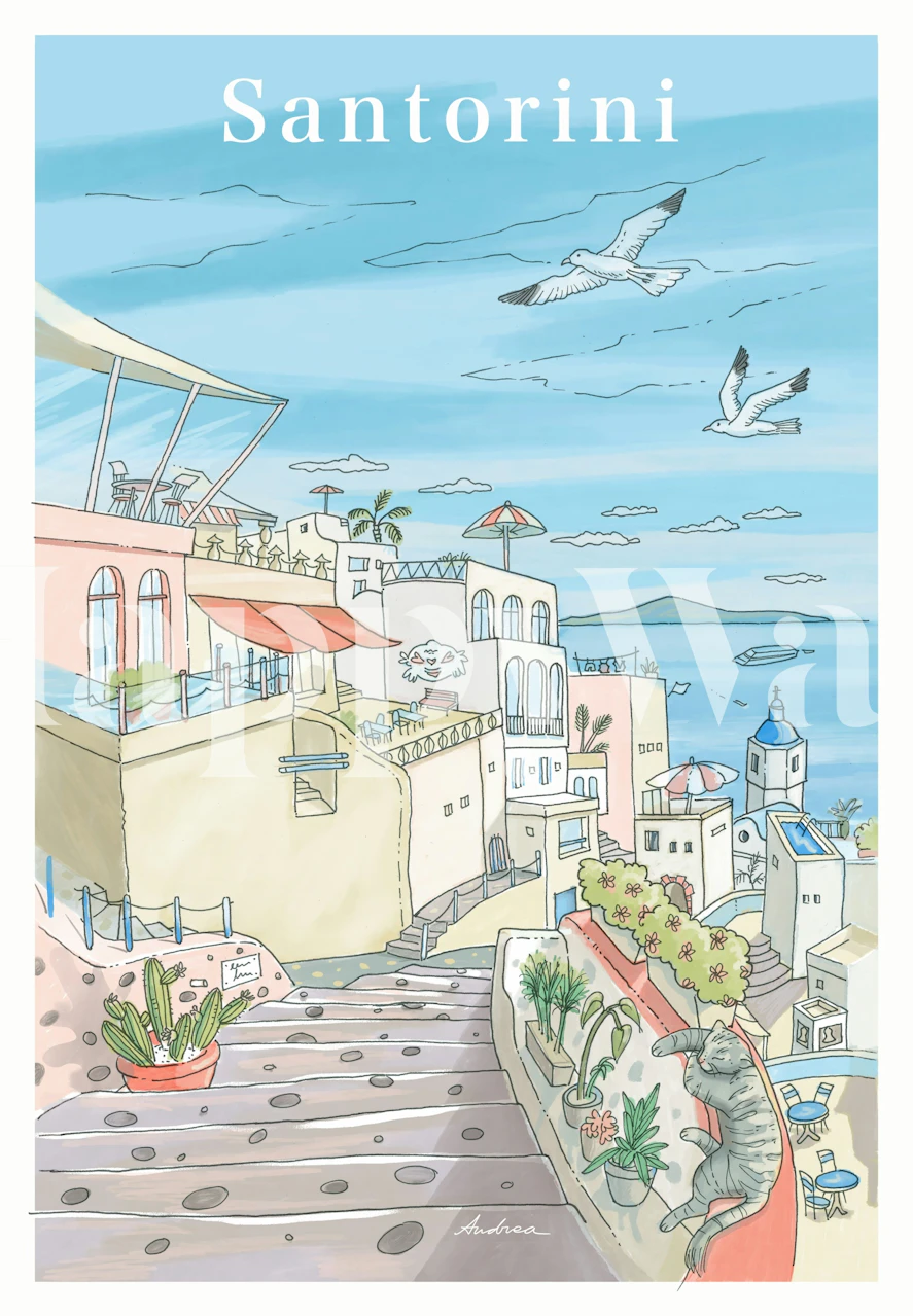 Santorini seaside village wallpaper in a room
