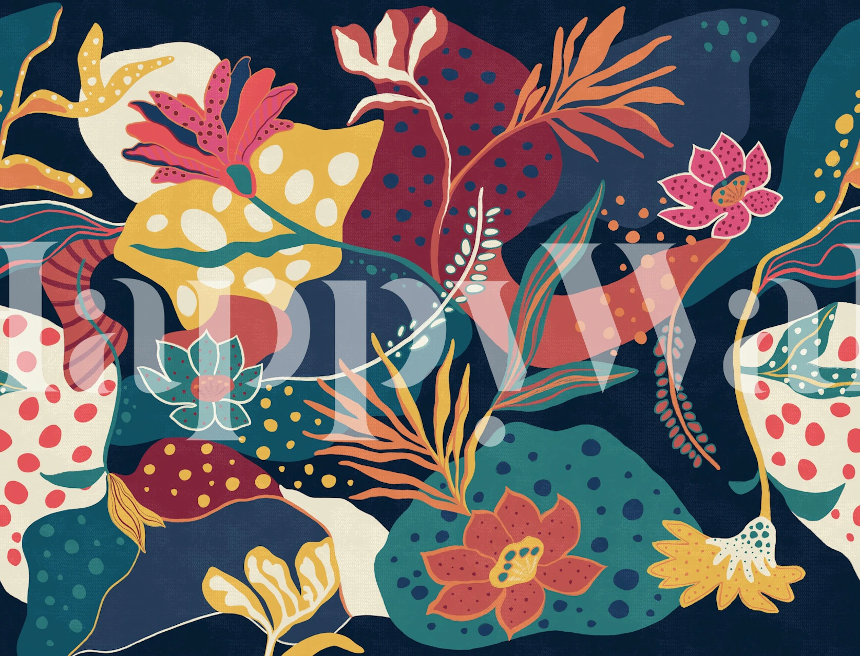 Tropical floral wallpaper in a navy blue room