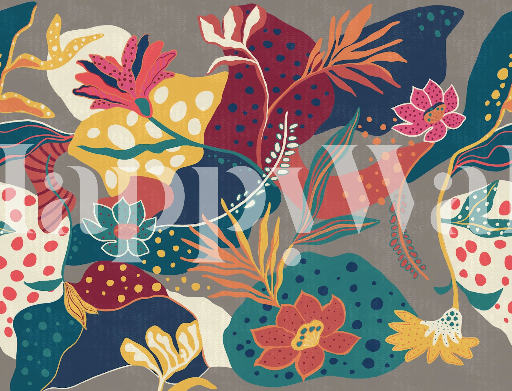 Abstract island floral wallpaper in a grey room