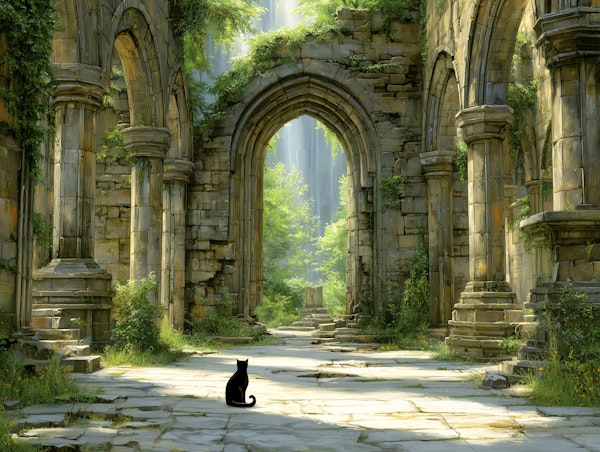 Cat in Sunlit Ancient Ruins