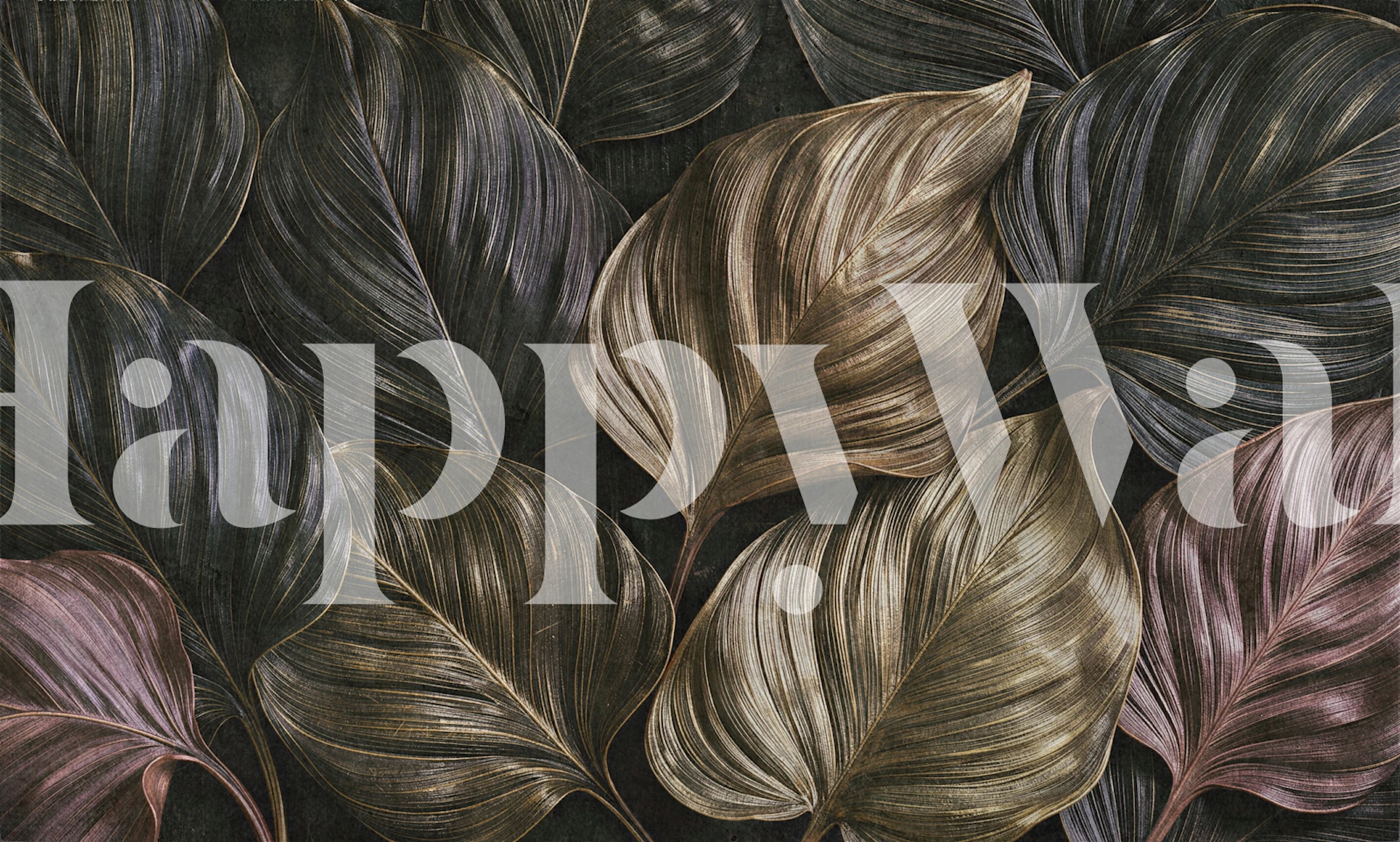 Dark botanical leaf wallpaper in a modern room