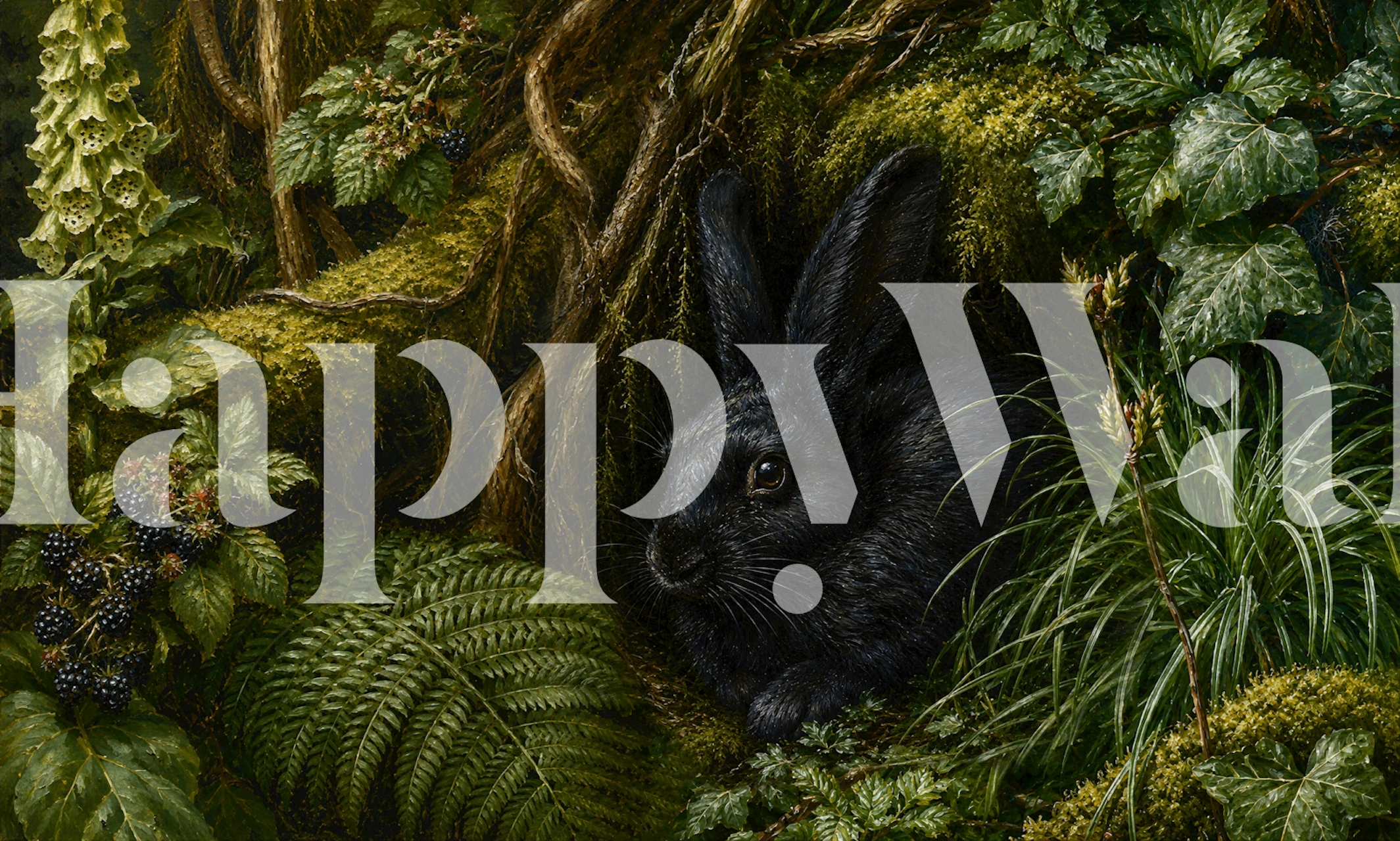 Black rabbit wallpaper in a forest room setting