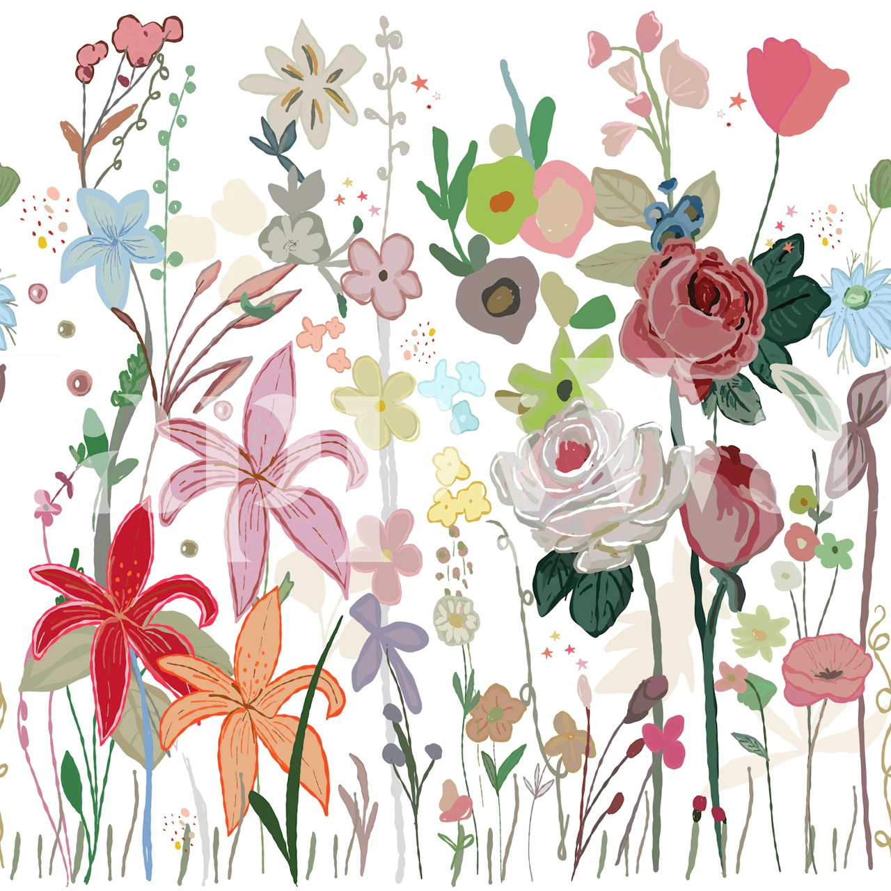 Hand painted floral wallpaper in a bright room
