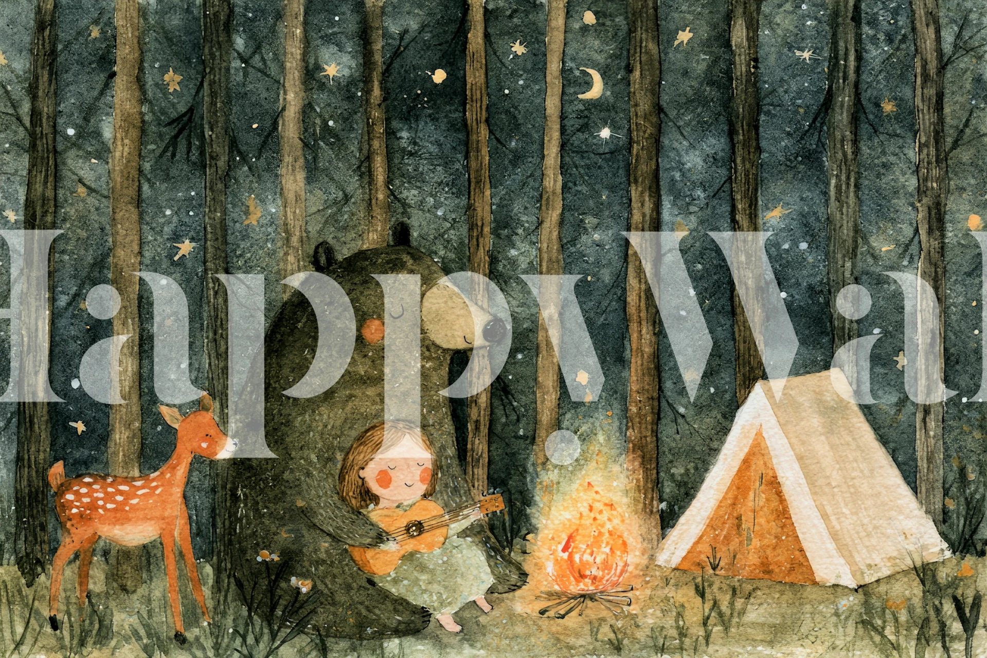 Cozy Forest Campfire Night behang