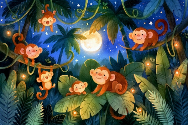 Playful Monkeys in Moonlight