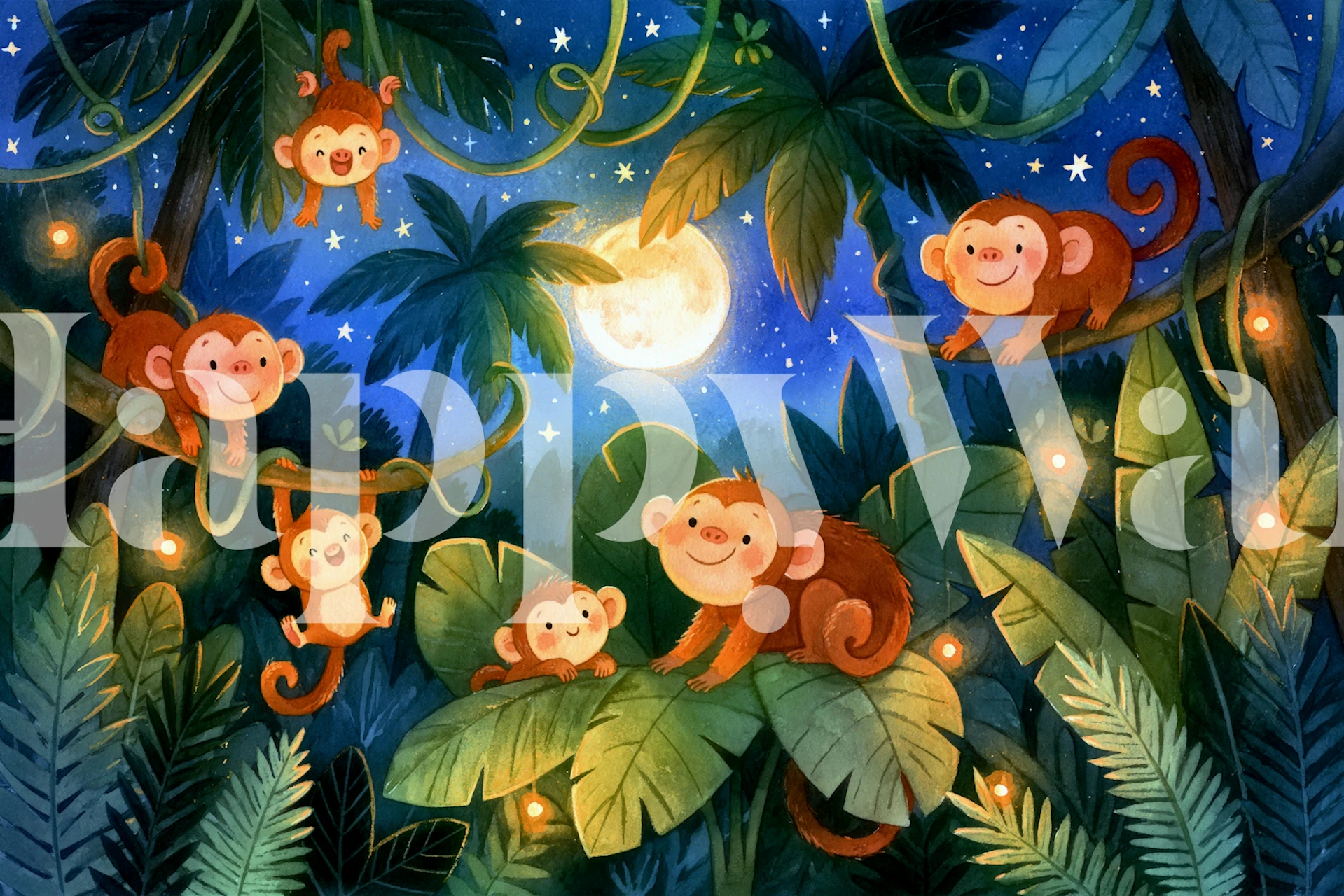 Playful Monkeys in Moonlight wallpaper
