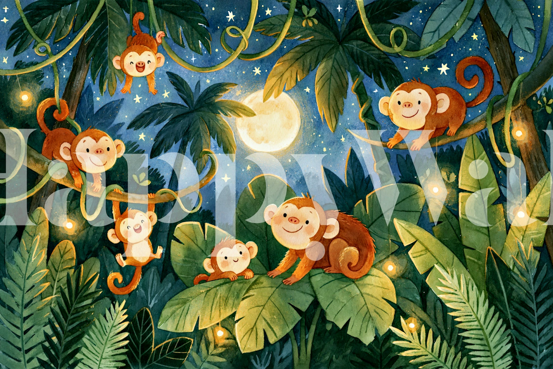 Playful Monkeys in Moonlight papel de parede